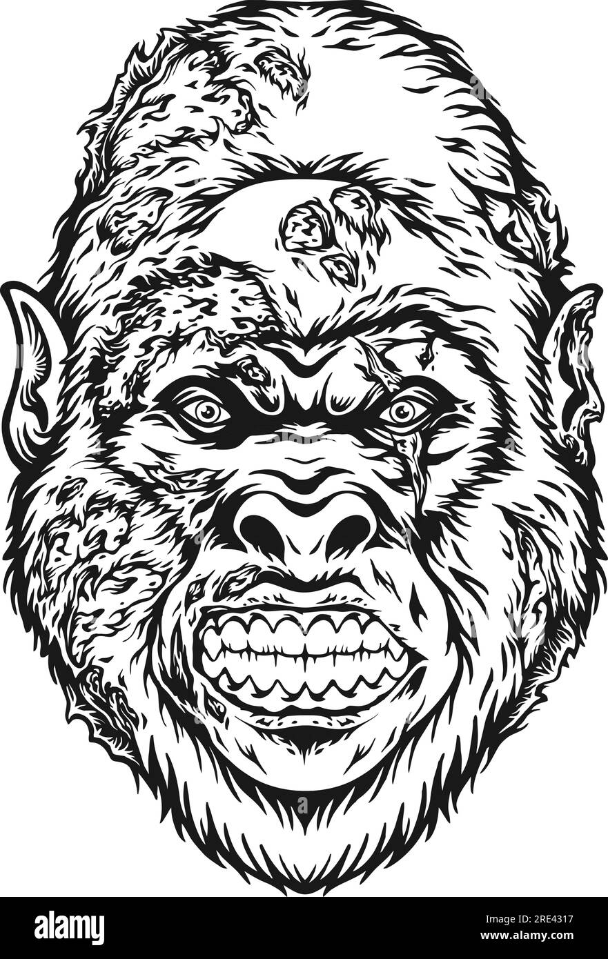 Mystérieuse horreur zombie gorille tête monochrome illustrations vectorielles pour votre logo de travail, t-shirt de marchandises, autocollants et dessins d'étiquettes, affiche, gre Illustration de Vecteur