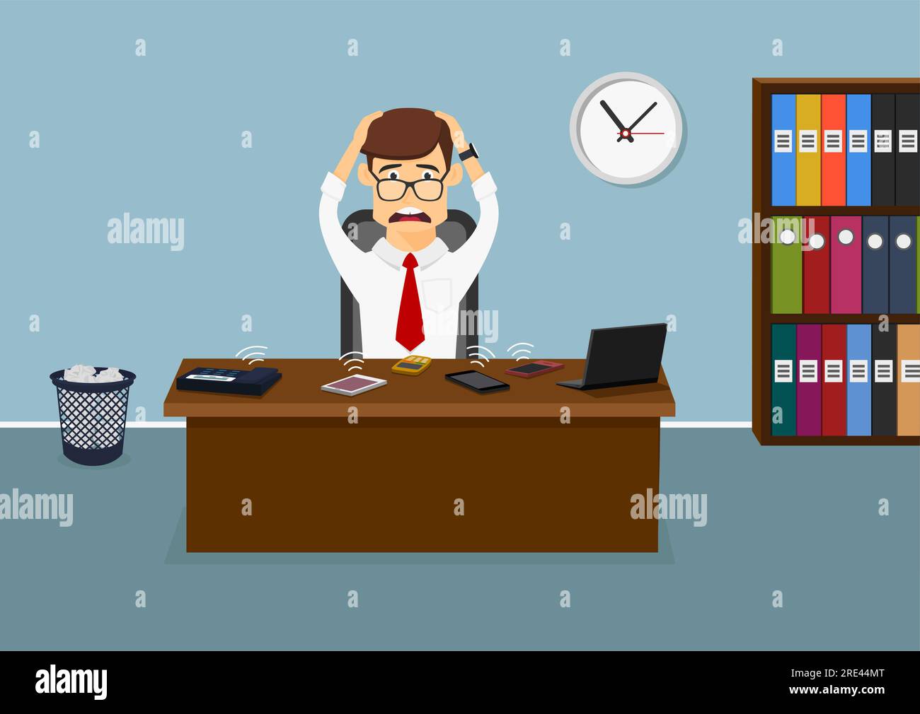 Homme d'affaires occupé assis à la table dans le bureau et a beaucoup d'appels téléphoniques en même temps. Style plat de dessin animé Illustration de Vecteur