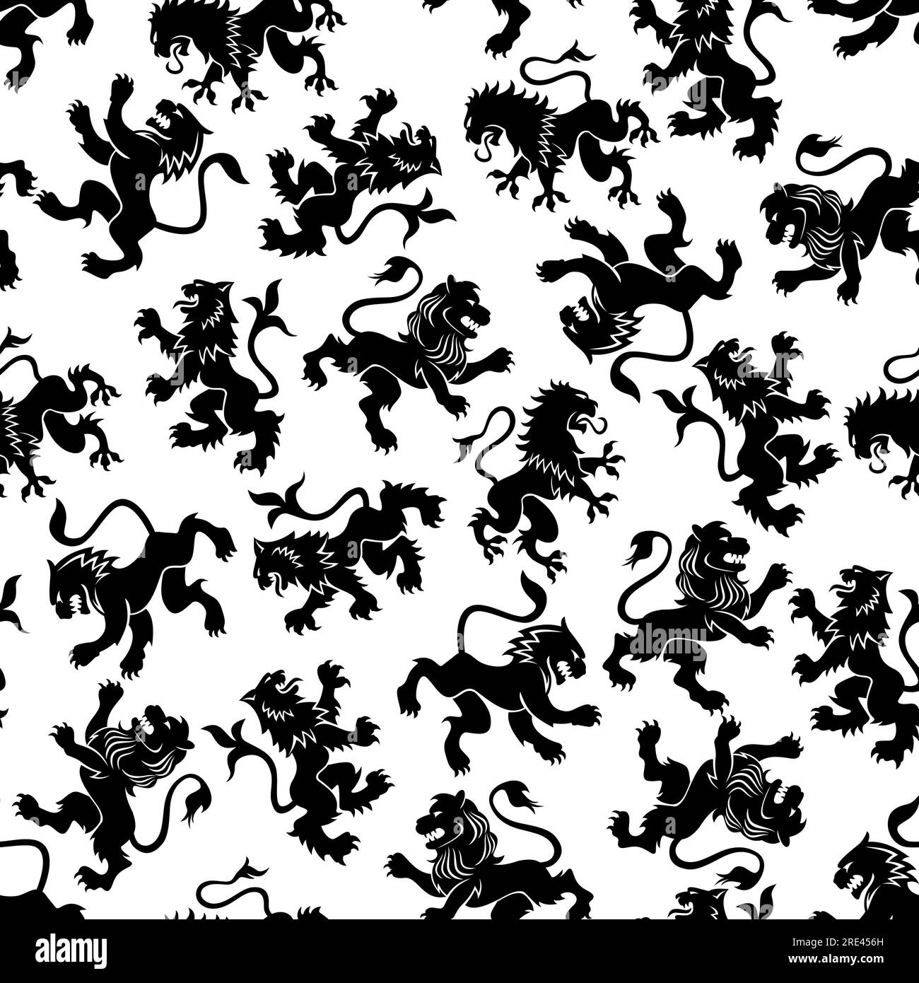 Lions héraldiques sans couture motif rampant avec des silhouettes de profil noir de lions royaux médiévaux avec des pattes avant surélevées sur fond blanc. Utiliser comme écusson, blasons ou motif héraldique Illustration de Vecteur