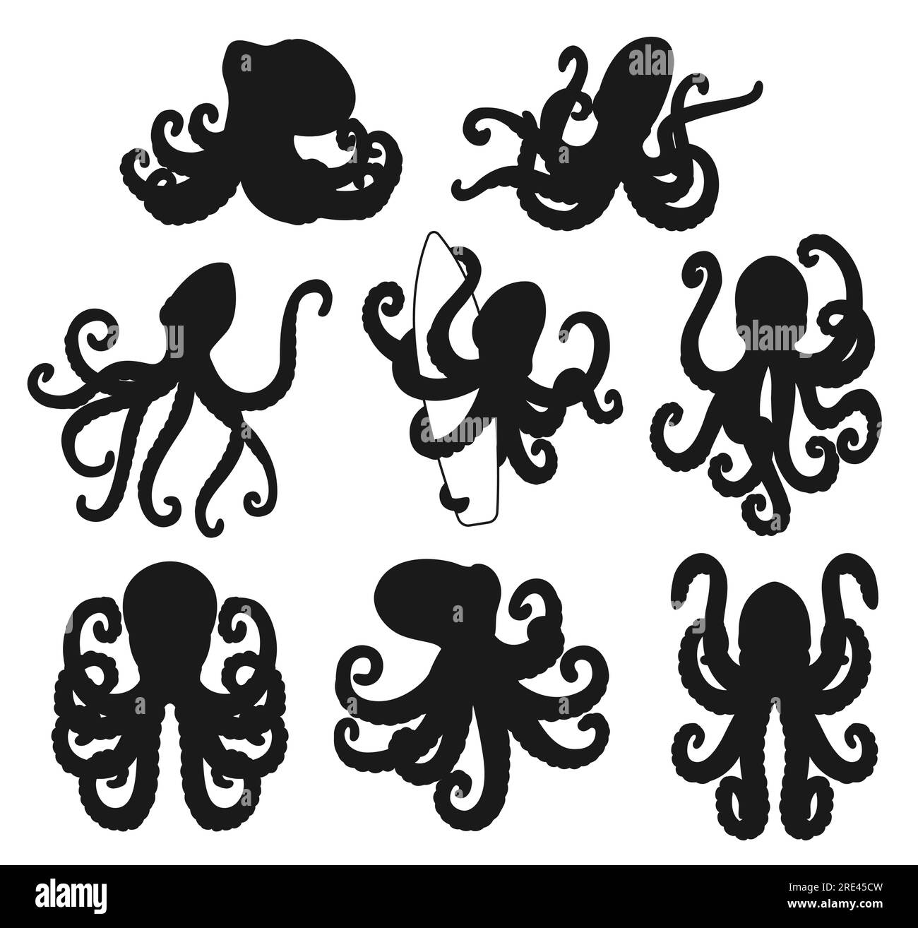 Poulpe avec tentacules incurvés vectorblack silhouettes. Animaux marins avec des bras et des ventouses tenant la planche de surf, faune sous-marine Illustration de Vecteur