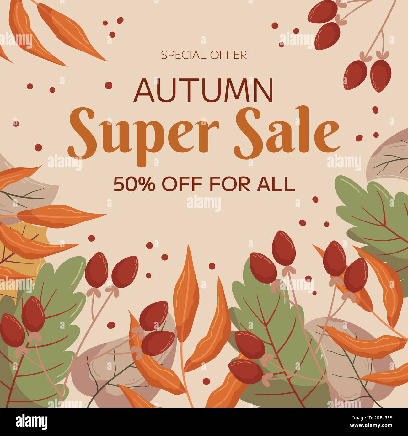 Conception de modèle carré Super sale d'automne avec espace de copie. Concept pour cadre carré de poteau de médias sociaux avec différentes feuilles et baies sur une brindille. Illustration de Vecteur
