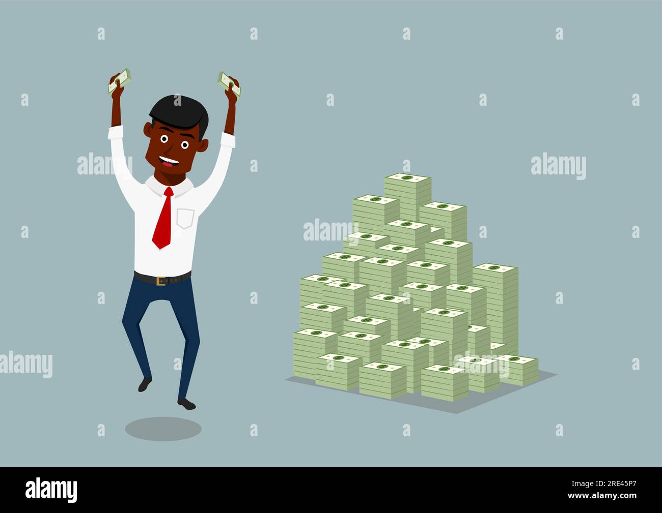 Joyeux homme d'affaires souriant avec de l'argent dans les mains heureux sautant près d'une énorme pile de paquets de dollars, pour la richesse ou la conception de thèmes de succès. Style plat de dessin animé Illustration de Vecteur