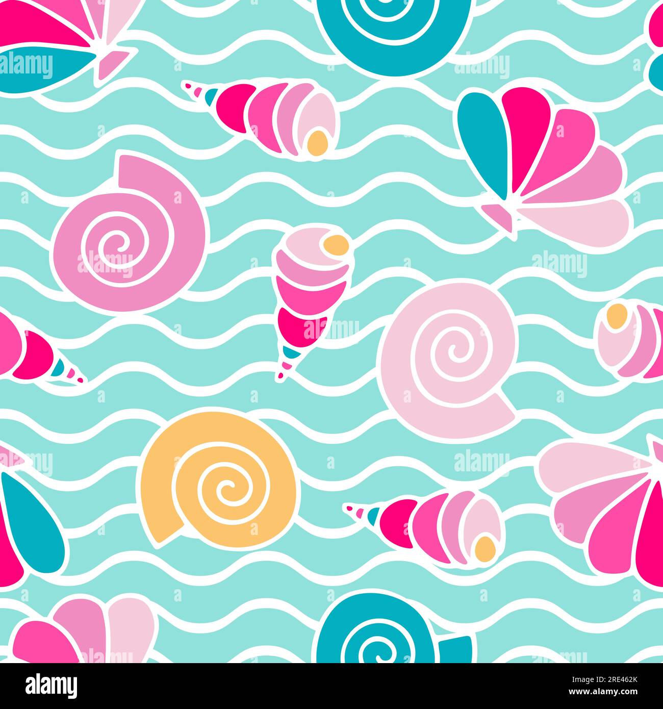 Motif vectoriel Seashells dessiné à la main. Escargots de mer rose de dessin animé sur fond bleu de vagues. Doodle coquillages Illustration aquatique pour papier peint, enveloppe Illustration de Vecteur