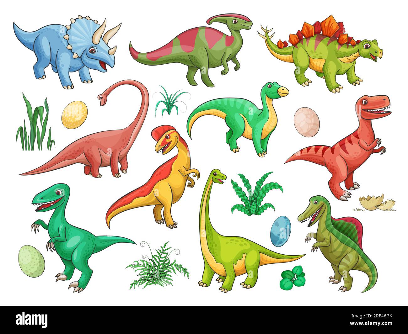 Personnages vectoriels de dessin animé dinosaure avec des animaux mignons de bébé dino et des œufs. Drôle triceratops, stegosaurus et Raptor, brontosaurus, t-rex, spinosaurus et tyrannosaurus, brachiosaurus et dilophosaurus Illustration de Vecteur