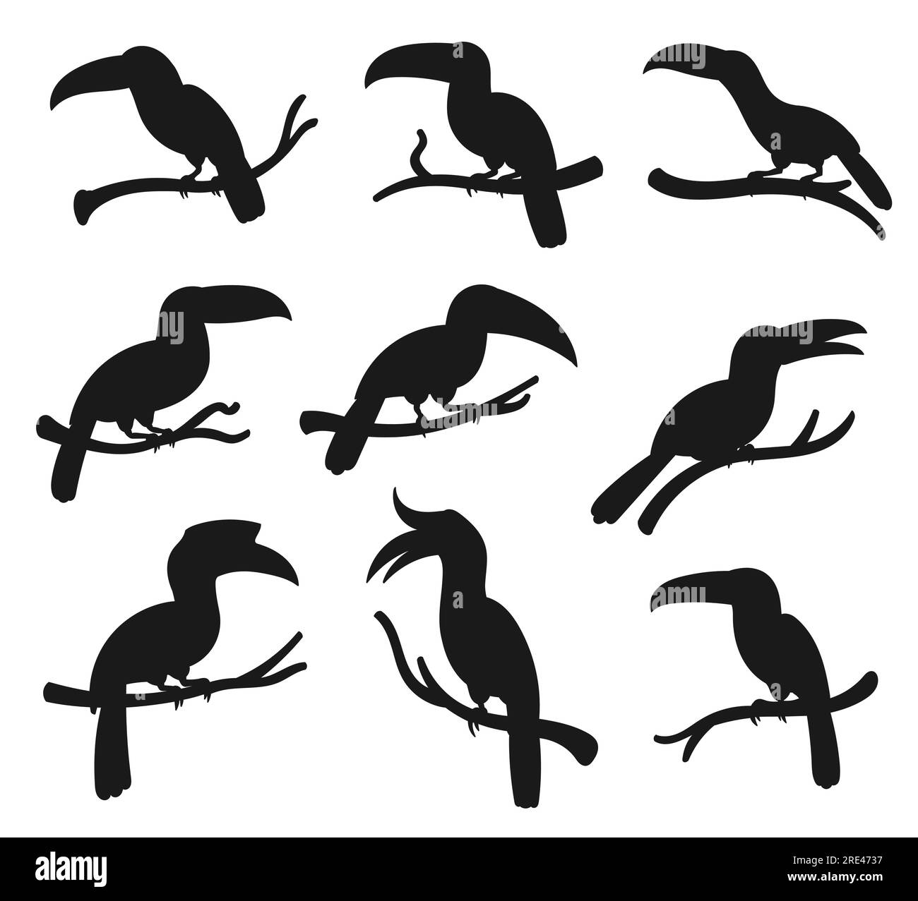 Oiseaux tropicaux exotiques, icônes de silhouette vectorielle. Toucan de dessin animé et oiseaux en bec de cheval avec de grands becs assis sur la branche d'arbre, oiseaux de jungle et symboles de parc zoologique Illustration de Vecteur