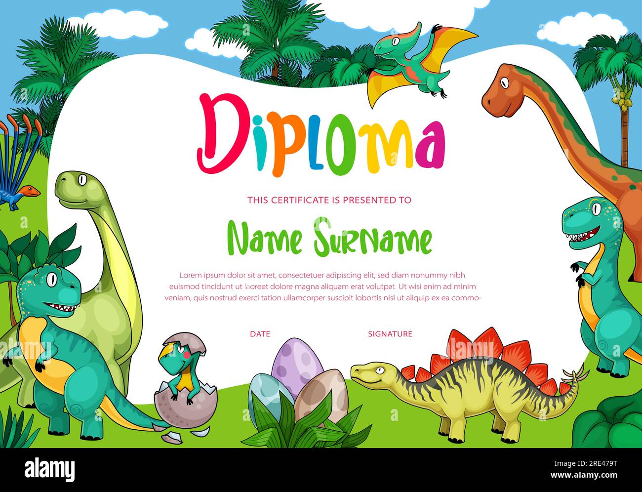 Diplôme d'enfants avec des dinosaures de dessin animé, dragons vecteurs mignons, personnages drôles de bébé dino dans des œufs. École, certificat de maternelle avec des animaux préhistoriques de la période jurassique tyrannosaurus rex, ptérodactyl Illustration de Vecteur