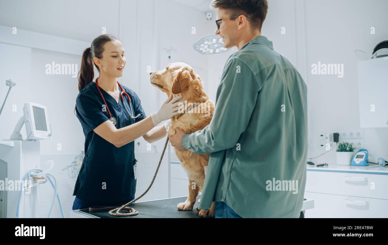 Client accompagnant son animal domestique au rendez-vous du médecin à la clinique vétérinaire. Bilan de santé régulier pour les animaux de compagnie Banque D'Images