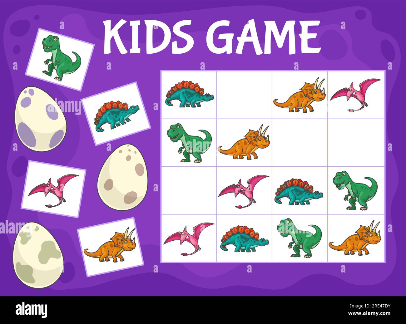 Jeu d'enfants Sudoku avec des dinosaures de dessin animé. Jeu de logique, puzzle éducatif ou rebus, feuille de calcul de mots croisés pour enfants avec tyrannosaurus mignon, triceratops et ptérodactyl, stégosaure, œufs de dinosaures Illustration de Vecteur