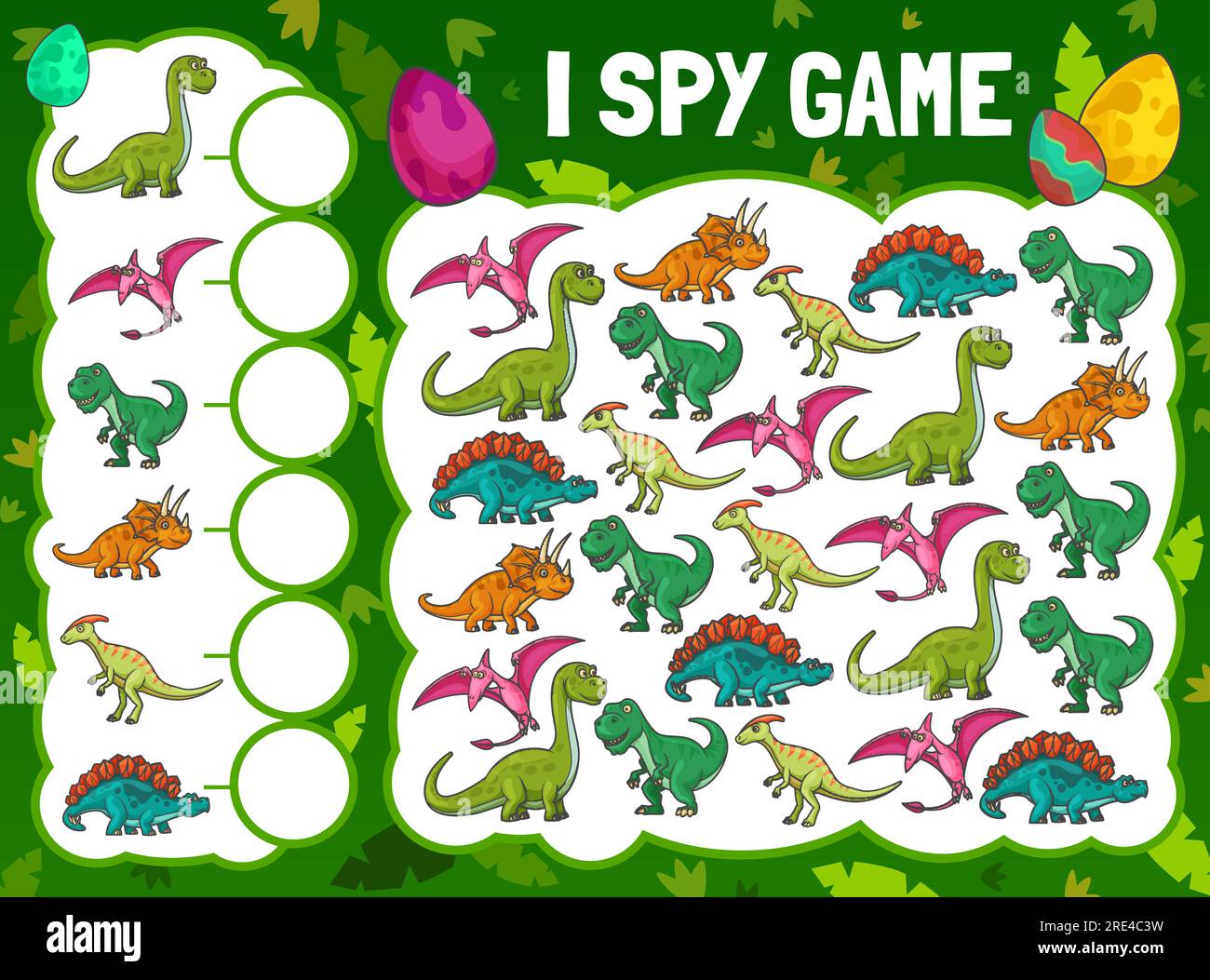 J'espionne le jeu avec des dinosaures de dessin animé. Puzzle éducatif vectoriel pour enfants avec des personnages mignons de dino. Développement des compétences en numératie et de l'attention, page d'énigme de dessin animé. Feuille de calcul des mathématiques, tâche d'éducation des bébés Illustration de Vecteur