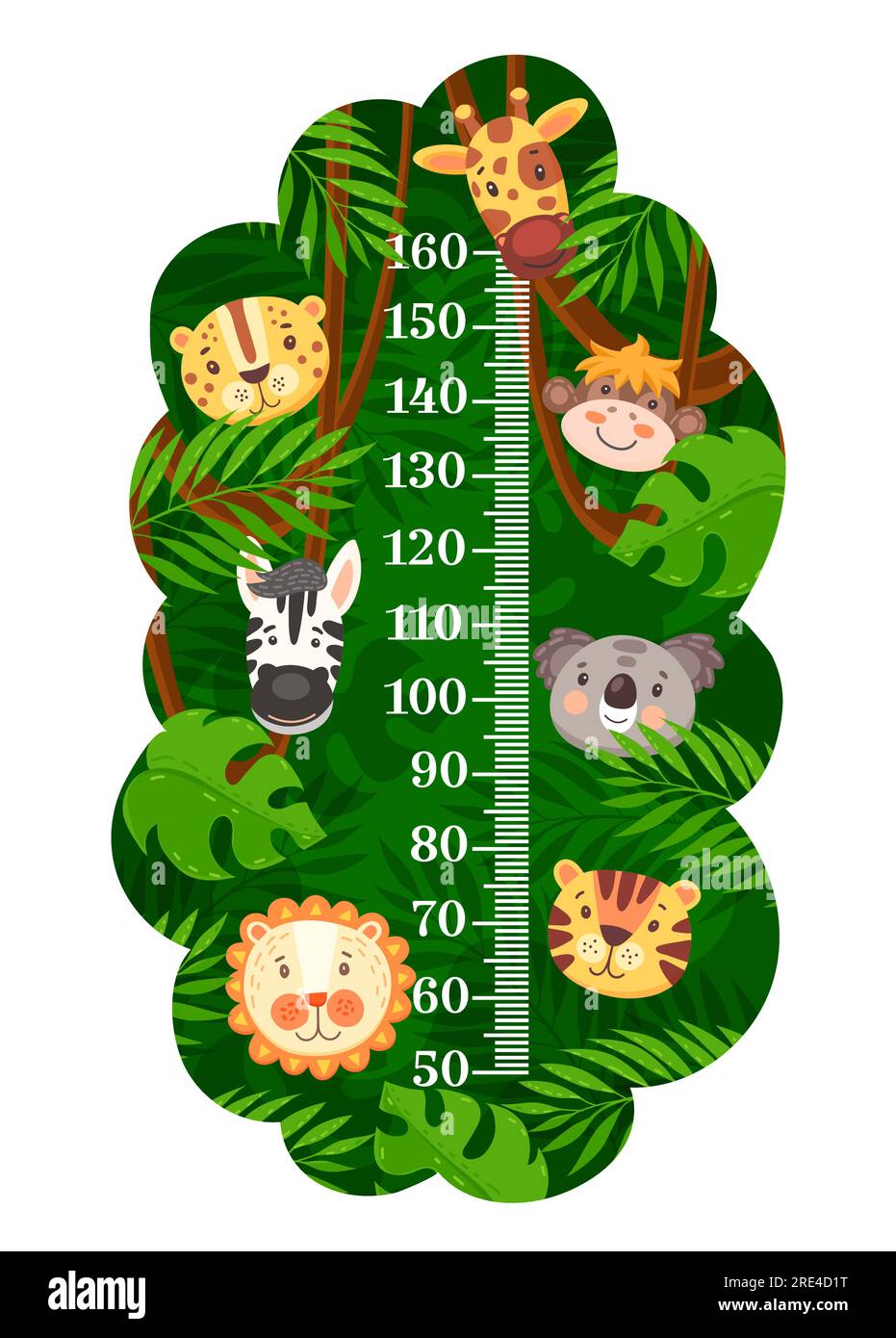 Tableau de taille enfants avec fond vectoriel d'animaux de dessins animés tropicaux africains. Règle de mètre de mur échelle de mètre de croissance avec singe drôle, lion, tigre et girafe, zèbre, jaguar, koala et feuilles de palmier Illustration de Vecteur
