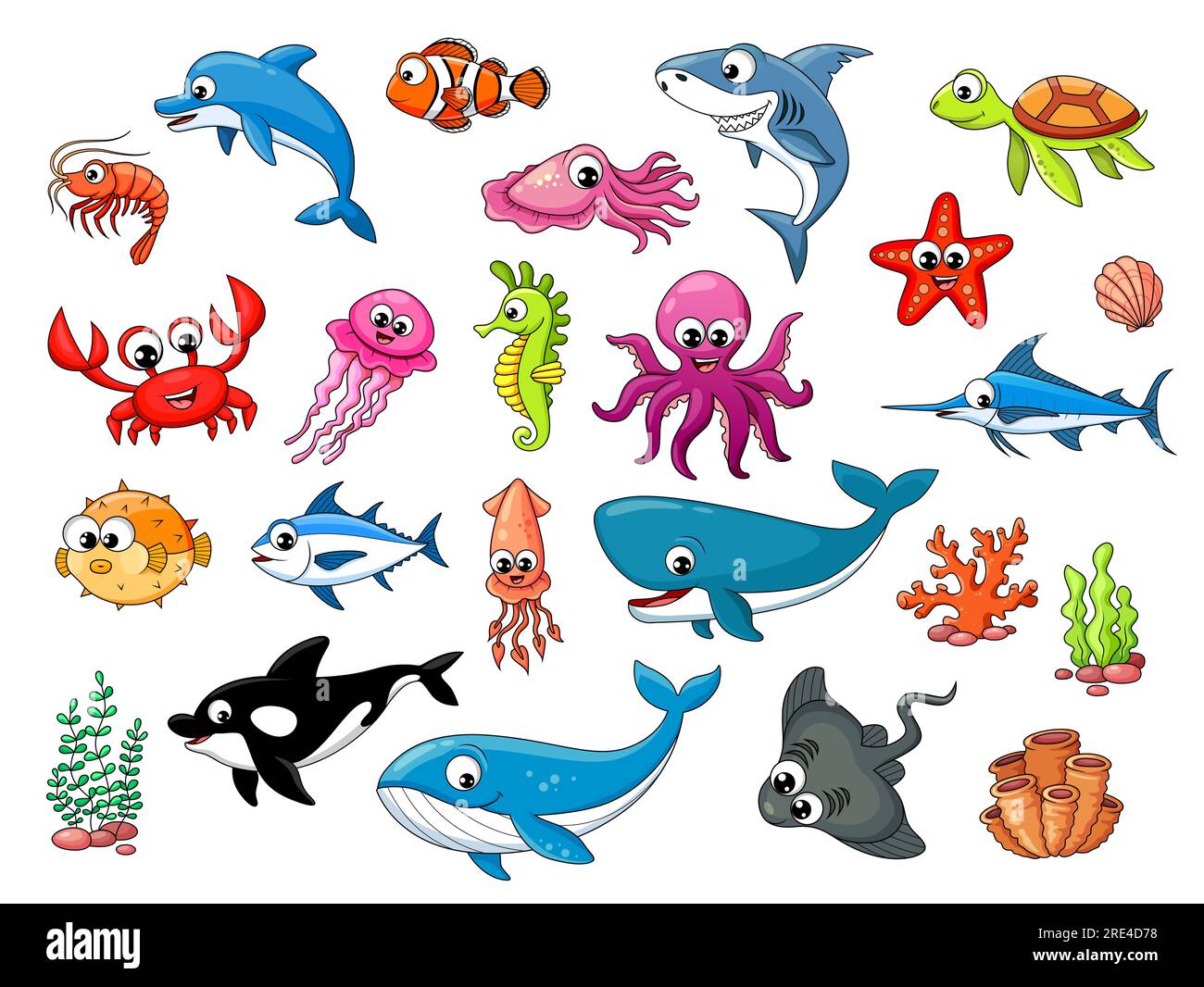 Personnages d'animaux sous-marins de dessin animé, poissons vecteurs de l'océan ou de la mer. Poissons sous-marins drôles et récif corallien ou créature d'aquarium, poulpe et étoile de mer avec dauphin, requin et méduse avec tortue Illustration de Vecteur