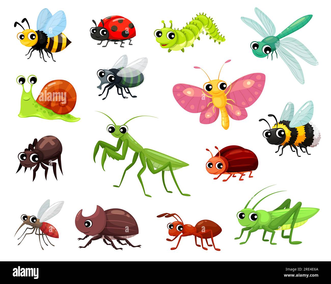 Insectes de dessin animé, personnages d'enfants drôles, papillon mignon vecteur, fourmi et mouche, insectes vecteurs. Abeille de dessin animé avec libellule et araignée, coccinelle et sauterelle avec ver de chenille et coléoptère Illustration de Vecteur