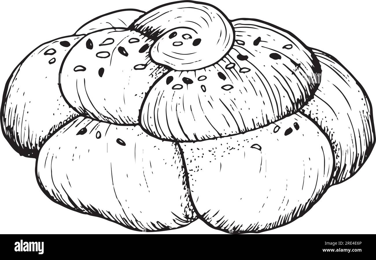 Illustration vectorielle de pain de challah rond en stile d'esquisse noir et blanc. Clipart de pain pain tressé maison frais Illustration de Vecteur