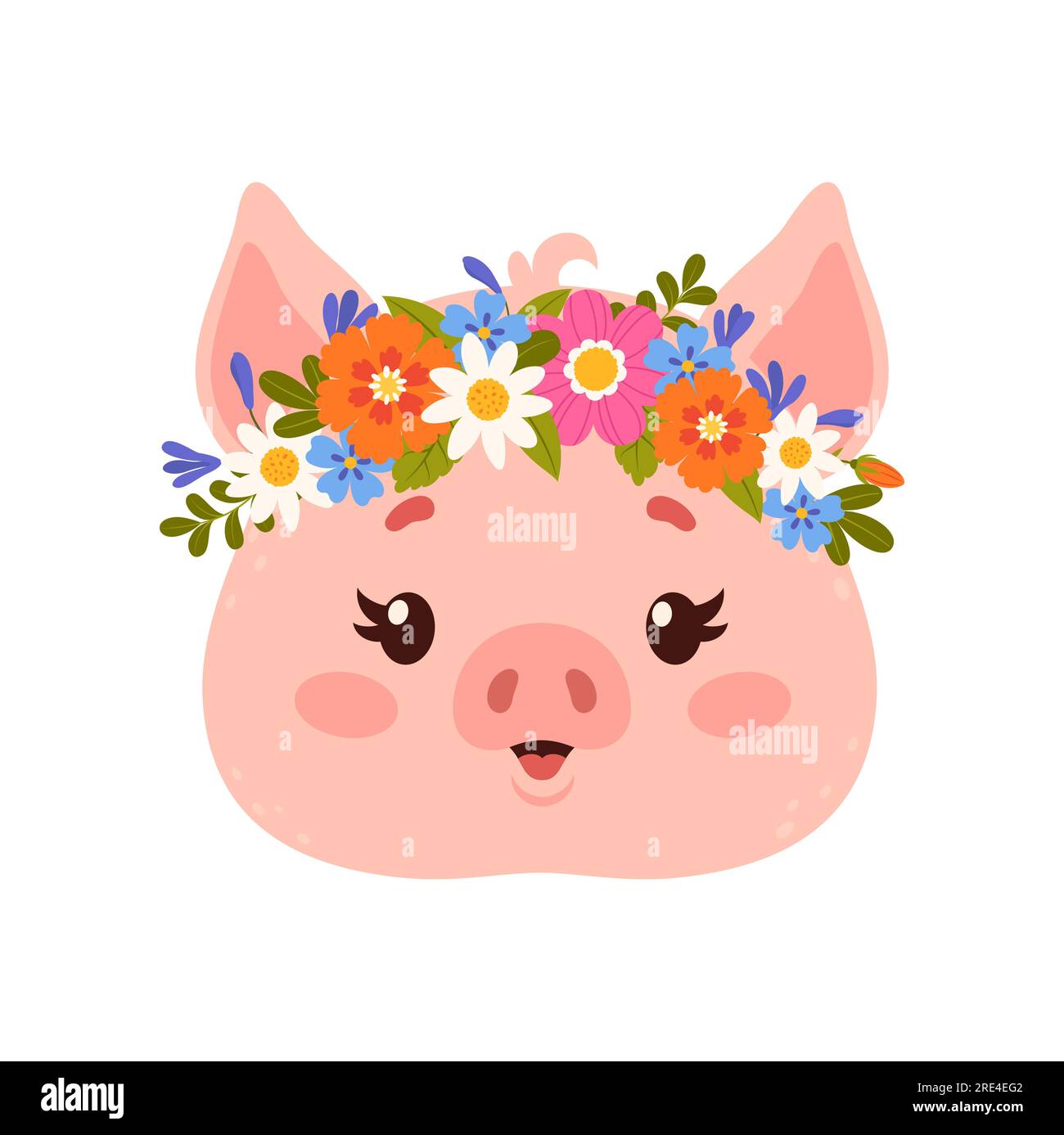 Animal mignon avec couronne de fleur, visage de dessin animé de caractère drôle de cochon. Tête de cochon vecteur portant une couronne florale, autocollant d'animal de cochon Illustration de Vecteur