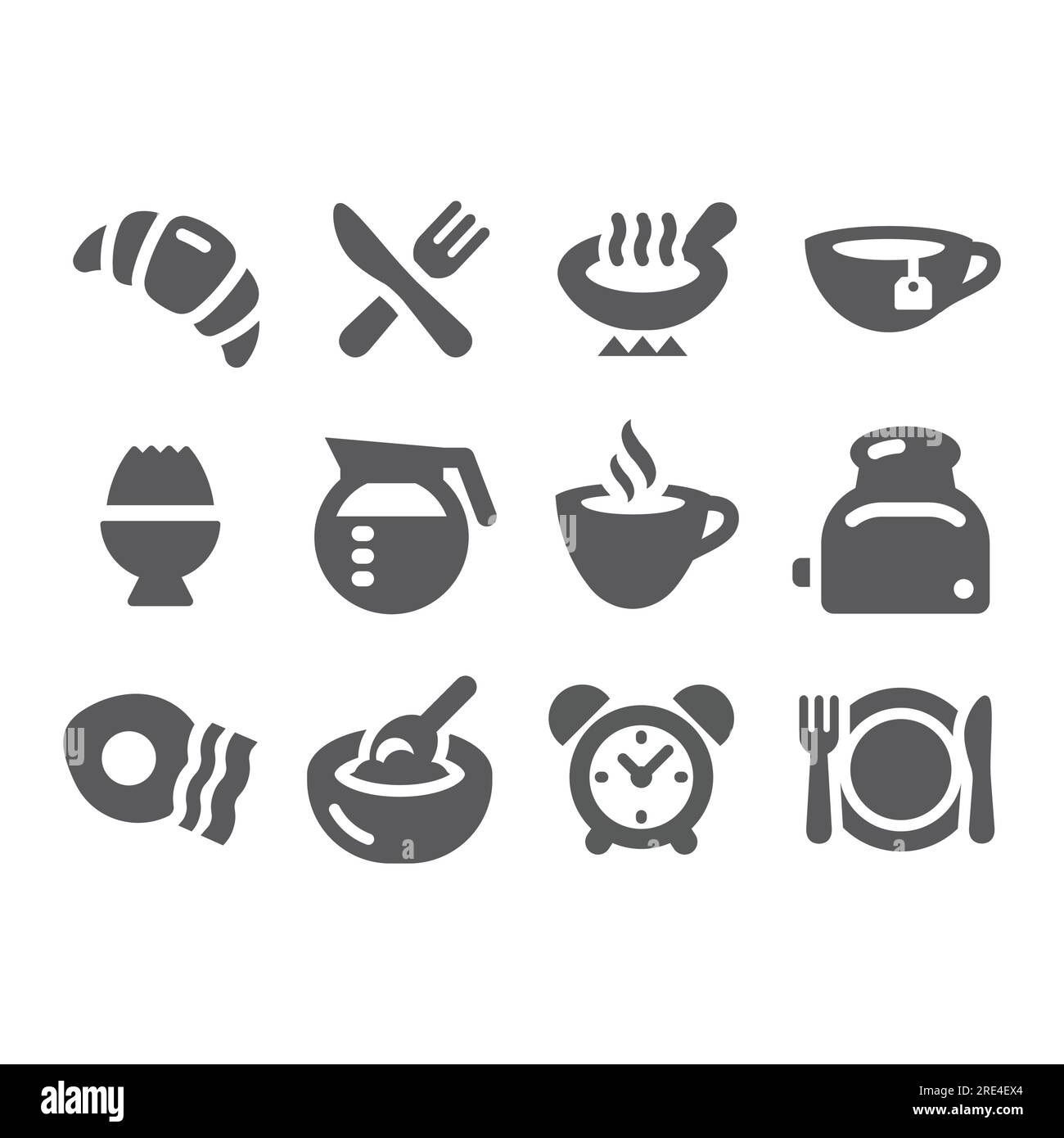 Jeu d'icônes vectorielles petit-déjeuner et café. Bol à céréales, œufs et bacon et icônes du matin du thé. Illustration de Vecteur