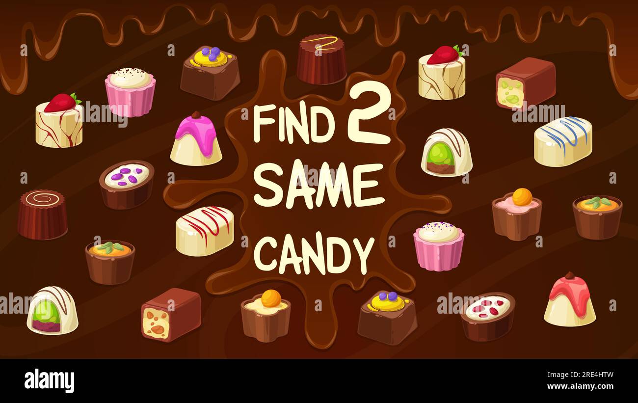 Trouvez deux mêmes bonbons au chocolat truffe, bonbons aux noix rôties, bonbons pralinés. Vector Kids Game trouver des desserts similaires avec confiserie de dessin animé et goudronnage de chocolat. Activités de loisirs éducatives pour enfants Illustration de Vecteur