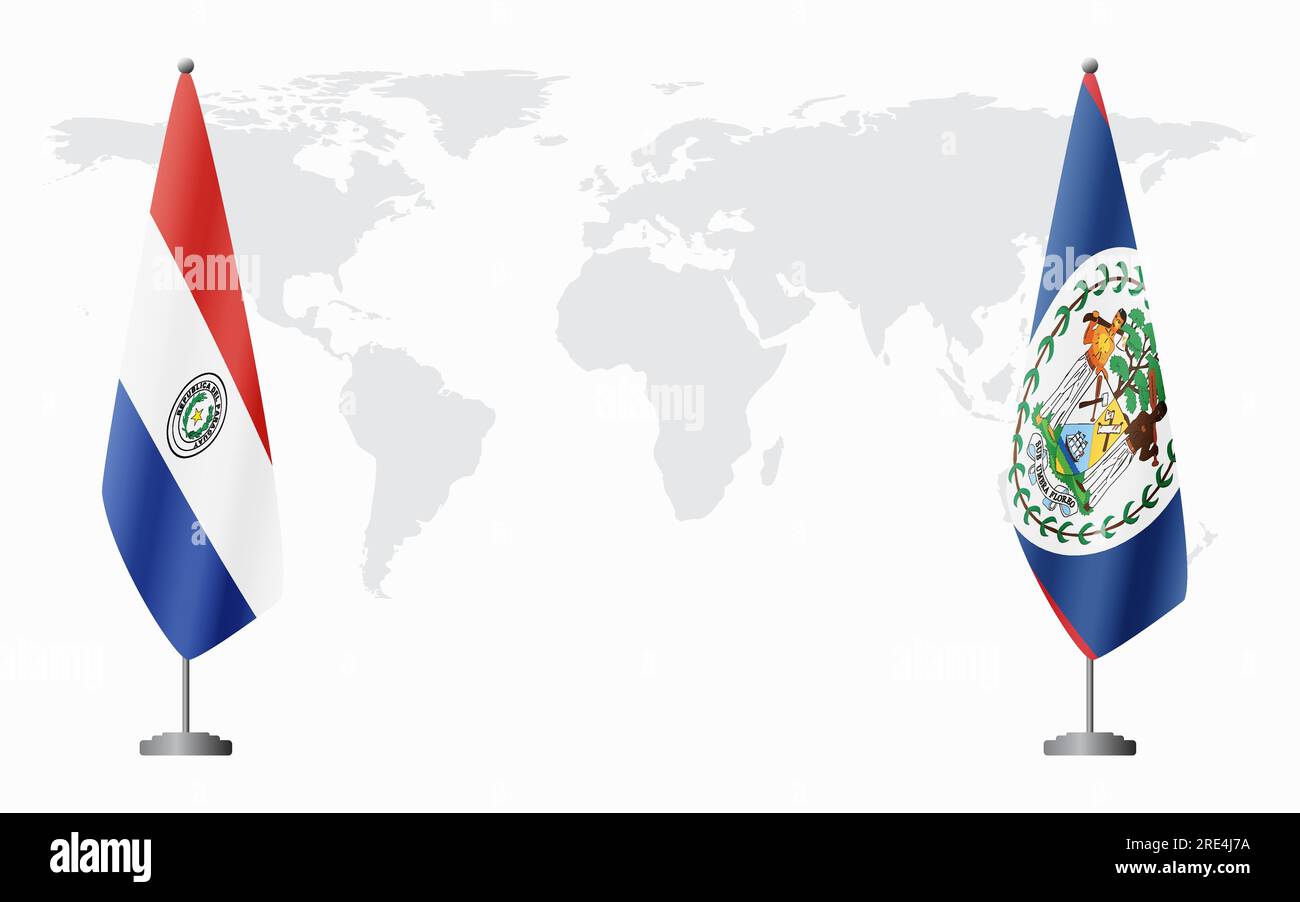 Drapeaux du Paraguay et du Belize pour la réunion officielle sur fond de carte du monde. Illustration de Vecteur