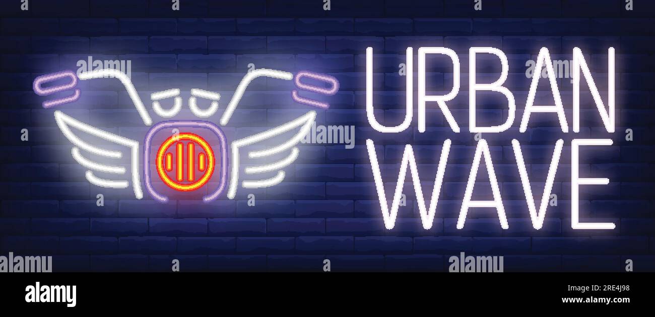 Enseigne au néon de vague urbaine. Moto sur fond de brique Illustration de Vecteur
