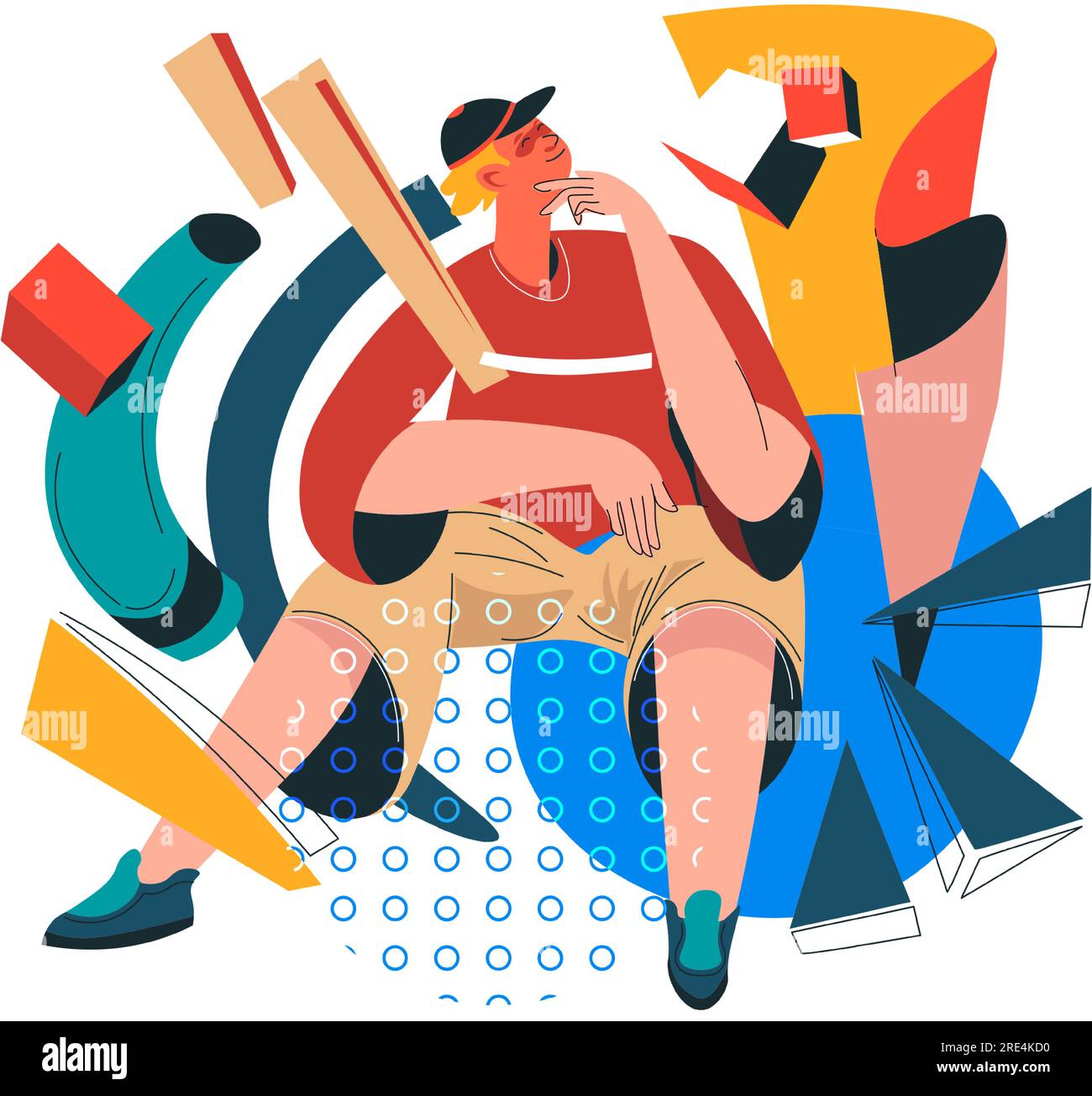Pensée et brome personnage masculin assis par formes et formes abstraites. Composition géométrique avec cadres et cercles, portrait de l'homme portant la casquette Illustration de Vecteur