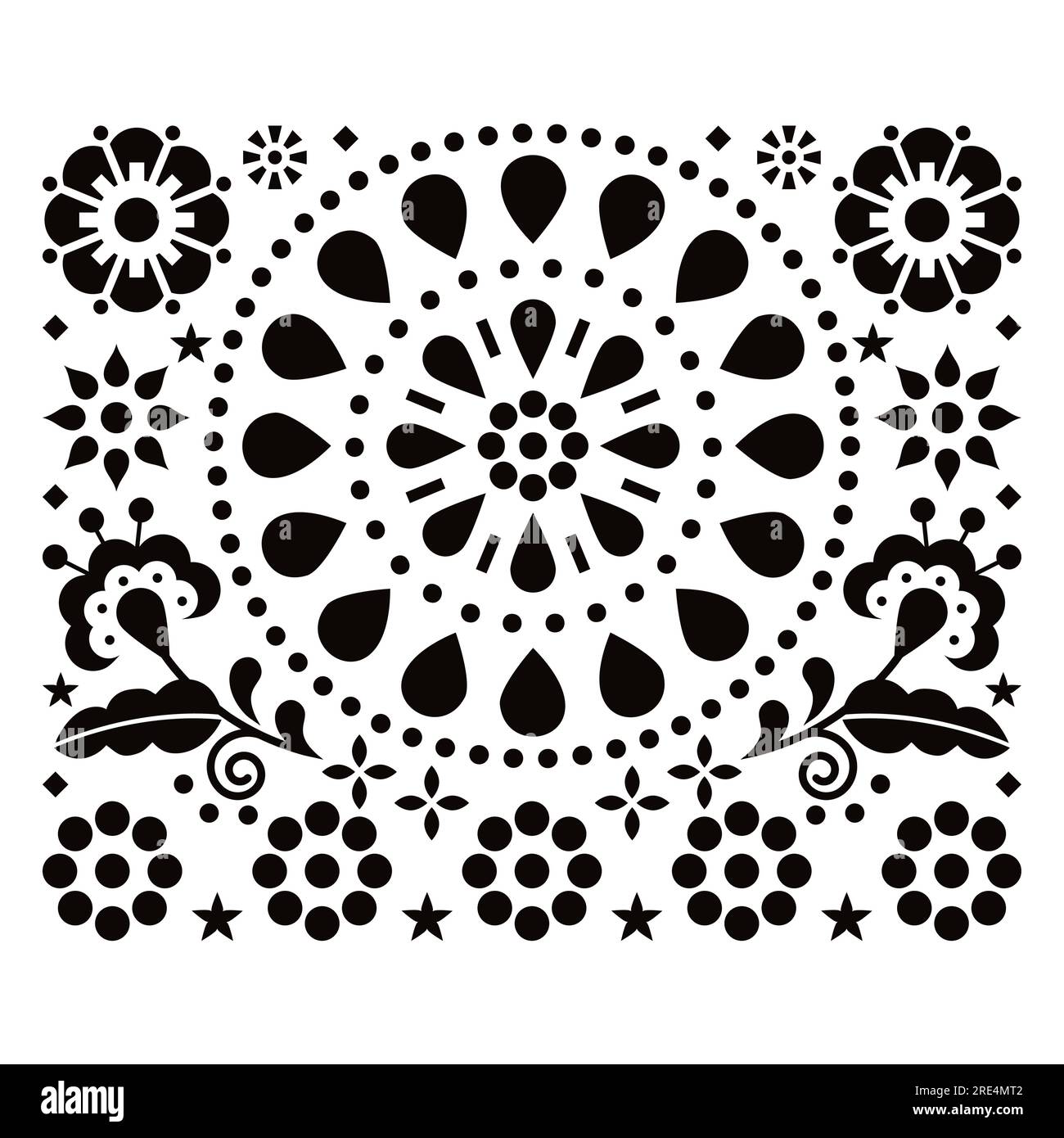 Conception vectorielle de style art folklorique mexicain avec des fleurs et mandala géométrique - parfait pour carte de voeux ou invitation de mariage en noir et blanc Illustration de Vecteur
