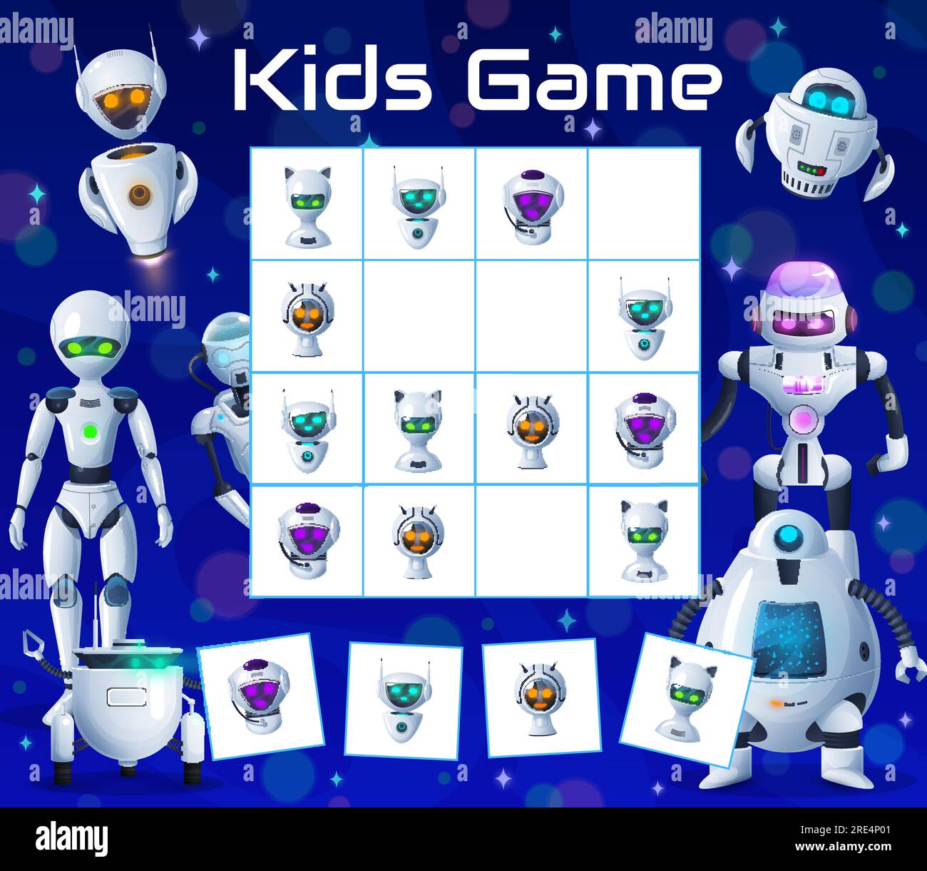 Robots de dessin animé et androïdes sudoku jeu d'enfants. Labyrinthe vectoriel, énigme avec des caractères cyborgs humanoïdes ai sur un plateau à damier. Puzzle logique pour enfants pour les loisirs, jeu avec des cartes sur le terrain de bord Illustration de Vecteur