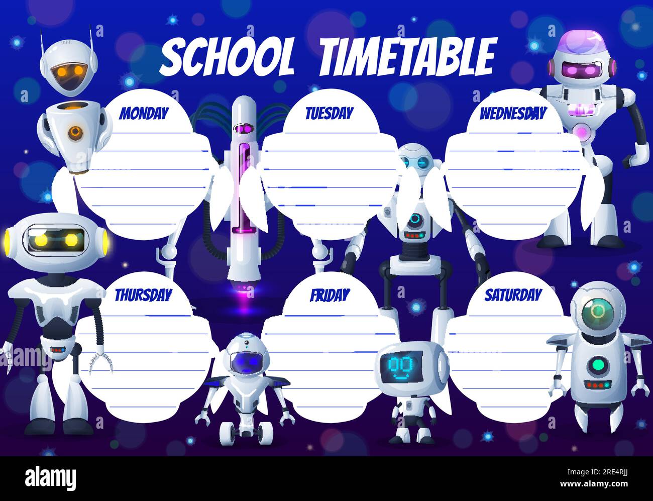 Robots de dessin animé, calendrier d'éducation des enfants, planificateur hebdomadaire d'école de vecteur. Calendrier horaire avec des robots, des droïdes chatbot, des extraterrestres de l'espace de dessin animé et des humanoïdes cyborg robotiques, plan de semaine Illustration de Vecteur
