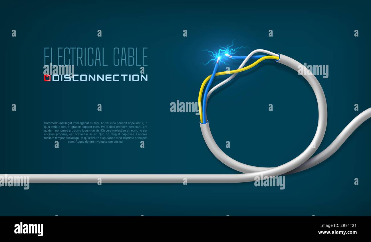 Rupture de câble électrique. Contexte vectoriel 3d de l'industrie de l'alimentation et de la production d'électricité. Concept de court-circuit, dommage de ligne électrique ou surcharge ou bannière avec fil de câble électrique cassé, étincelles Illustration de Vecteur