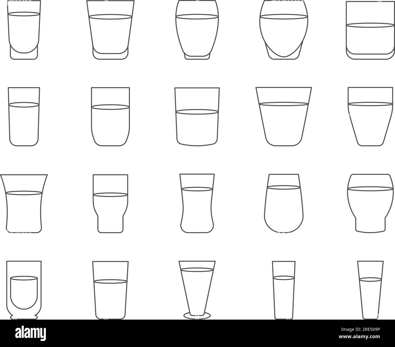 Ensemble d'icônes de verre de boissons. Eau, jus, alcool ou autres boissons. Contour modifiable. Collection vectorielle d'icônes simples Illustration de Vecteur