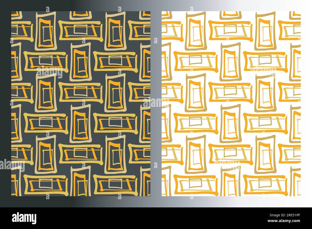 Motifs sans couture de forme rectangulaire géométrique, ensemble de 2. Ligne de pinceau à encre dessinée à la main, style de dessin animé doodle, palette de couleurs orange or jaune. Blanc Illustration de Vecteur