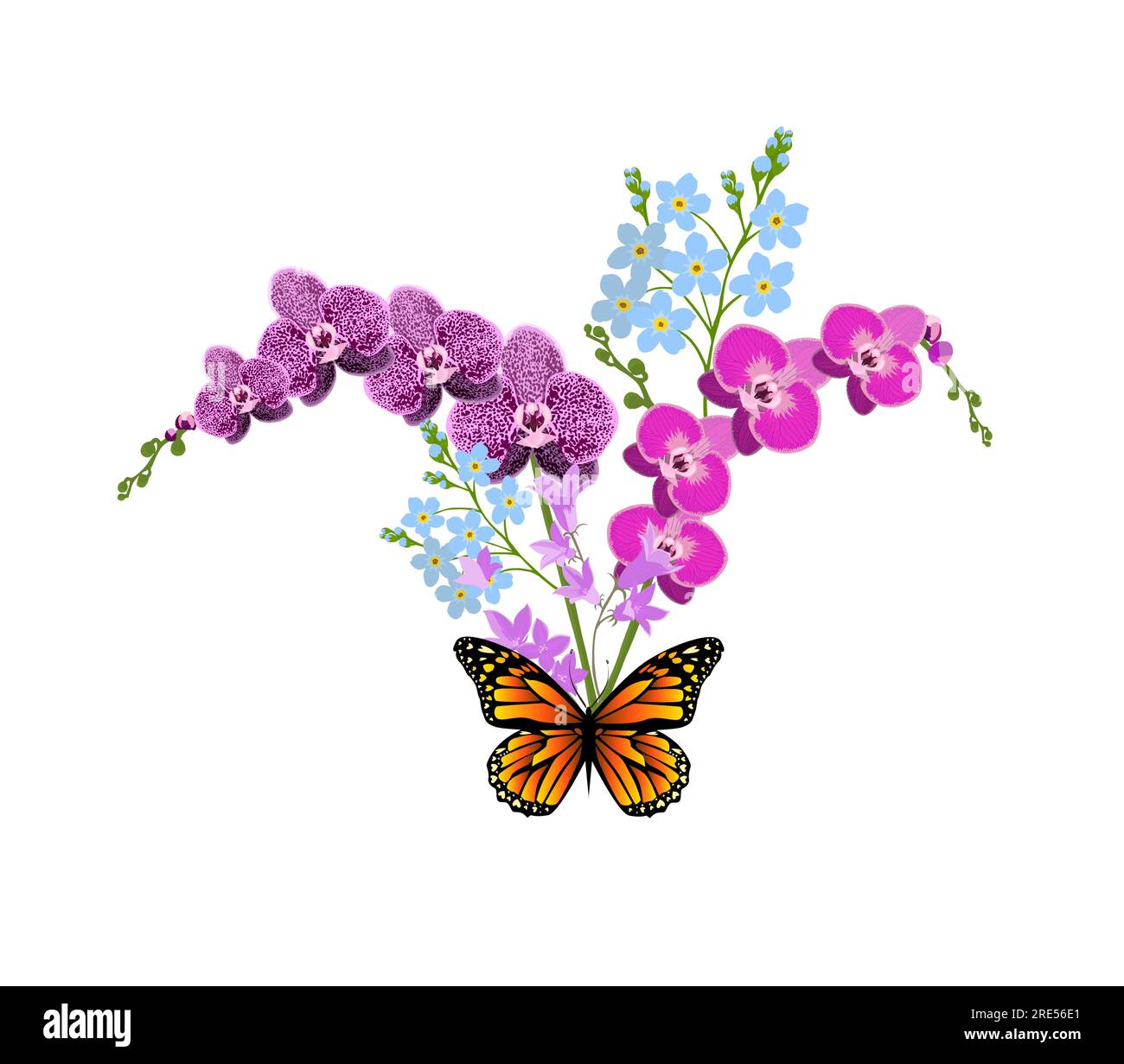 Bouquet d'orchidées et un papillon. Illustration vectorielle Illustration de Vecteur