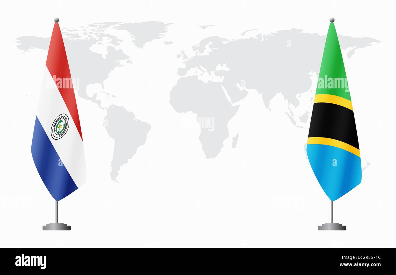 Drapeaux du Paraguay et de la Tanzanie pour la réunion officielle sur fond de carte du monde. Illustration de Vecteur