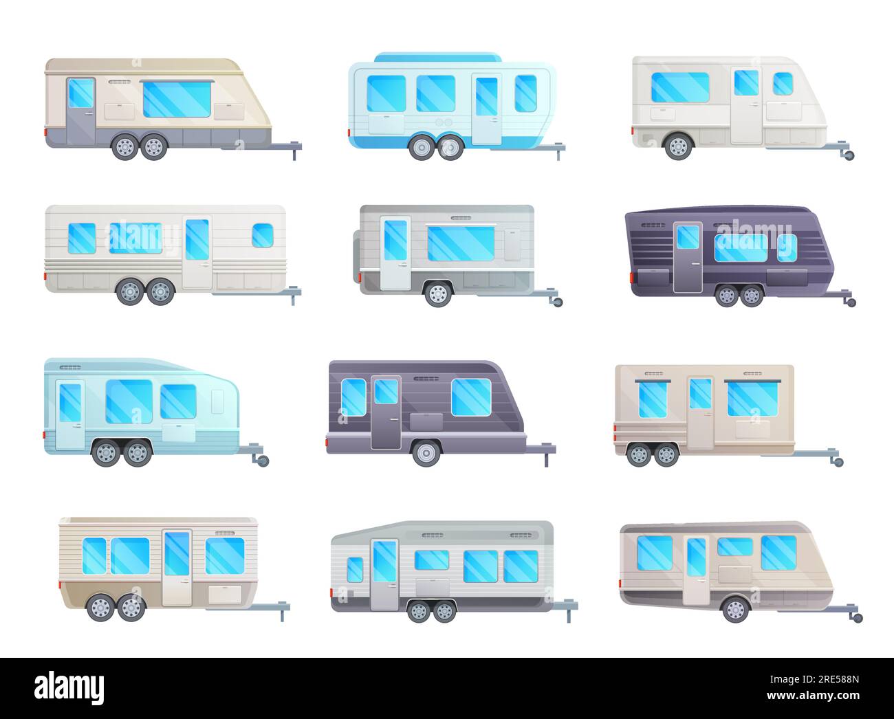 Ensemble vectoriel de caravane de camping-car ou de caravane de voyage de voiture de camping et de conception de transport. Fourgonnettes de camping et maisons mobiles, véhicule récréatif pour camping familial, vacances d'été et conception de voyage sur la route Illustration de Vecteur