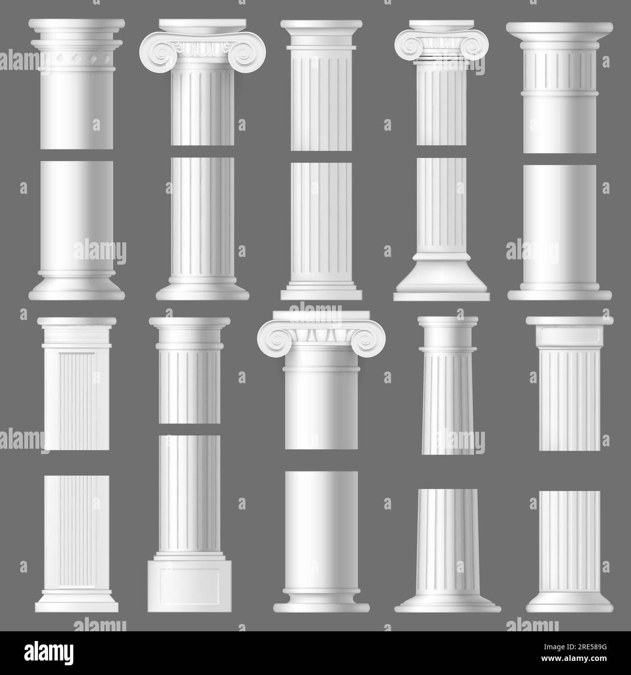 Piliers de colonne maquettes réalistes de l'architecture antique romaine et grecque. Vecteur 3d pierre de marbre blanc colonnes doriques et ioniques avec arbres cannelés verticaux, bases et chapiteaux ornés avec volutes Illustration de Vecteur