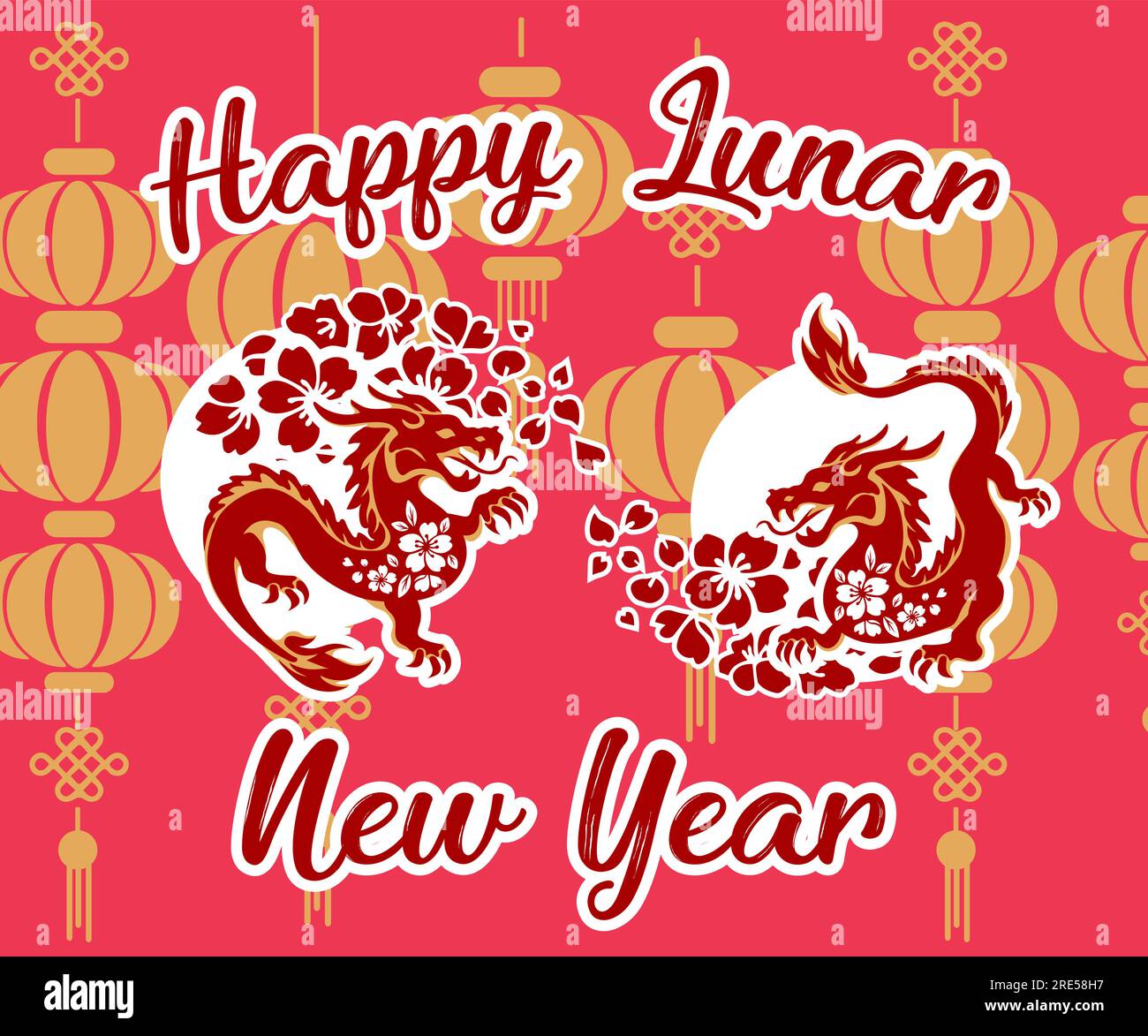Joyeux nouvel an chinois 2024, année du dragon, papier rouge et or, fleurs et éléments asiatiques avec fond de style artisanal, carte du nouvel an asiatique Illustration de Vecteur