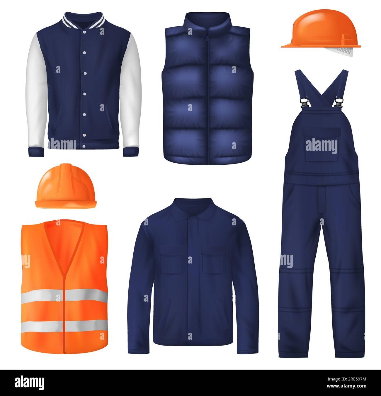 Conception vectorielle de vêtements de travail et de sport de vêtements pour hommes. Veste d'uniforme de travailleur, casques de sécurité ou casques de sécurité orange, gilet haute visibilité avec bandes réfléchissantes, combinaison de bavoir, gilet de sport et blouson d'aviateur Illustration de Vecteur