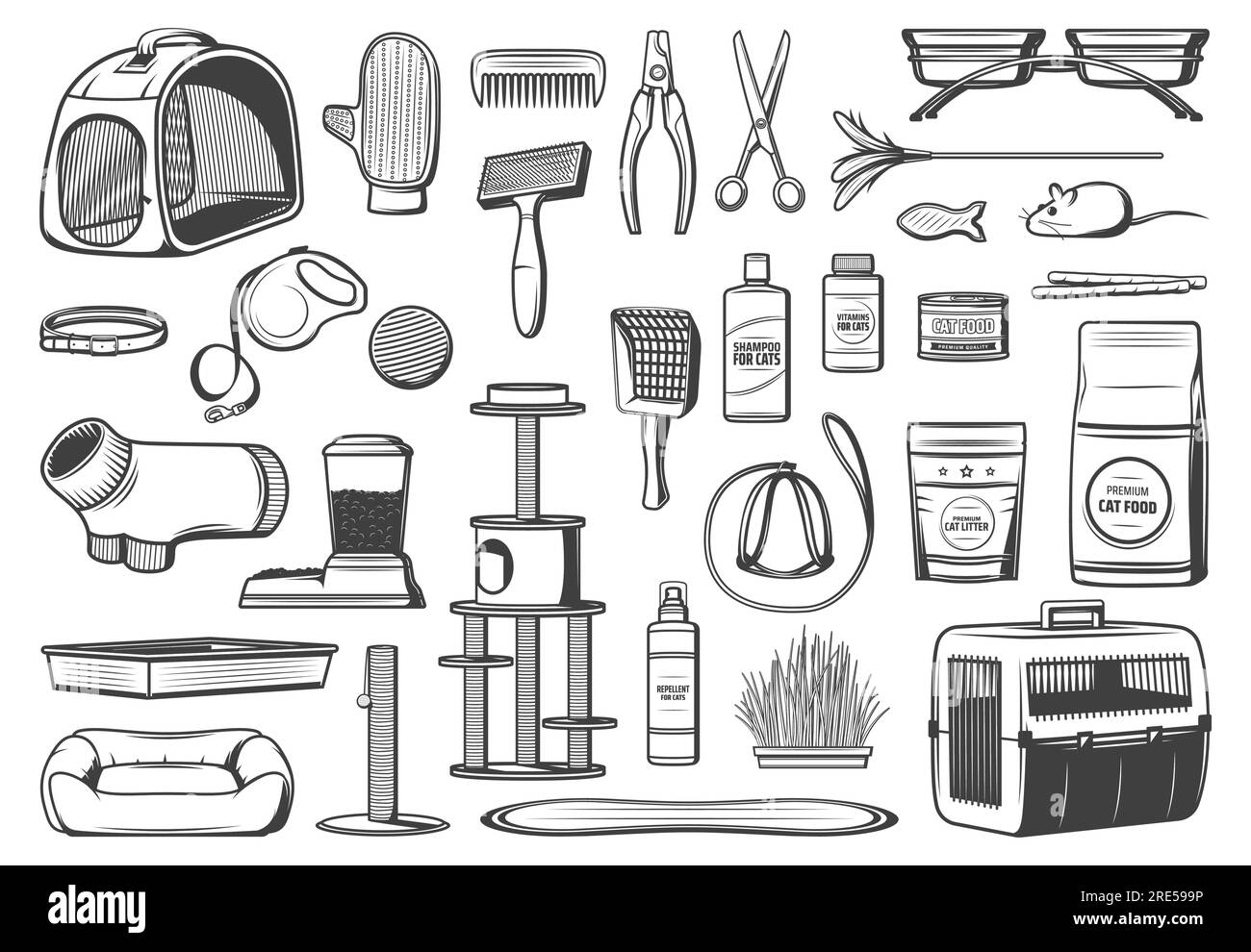 Fournitures de soins pour animaux de compagnie pour chats icônes vectorielles isolées. Nourriture, brosse de toilettage et accessoires pour gants, jouets, support sur les poteaux à gratter, support pour mangeoire et bol d'alimentation, support et bac à litière avec pelle Illustration de Vecteur Fournitures de soins pour animaux de compagnie pour chats icônes vectorielles isolées. Nourriture, brosse de toilettage et accessoires pour gants, jouets, support sur les poteaux à gratter, support pour mangeoire et bol d'alimentation, support et bac à litière avec pelle Illustration de Vecteur