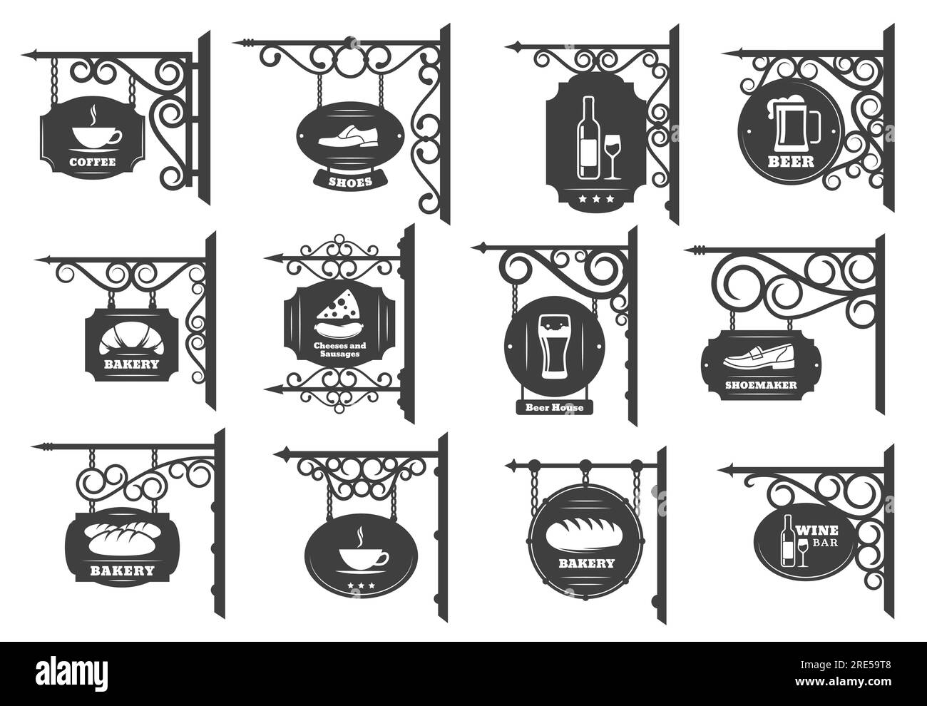 Design vectoriel de panneaux de rue vintage. Panneaux d'enseigne de magasin de fer accrochés sur des supports en métal forgé et des chaînes avec des ornements forgés antiques, restaurant, magasin et café, pub ou bar et enseignes de boulangerie Illustration de Vecteur