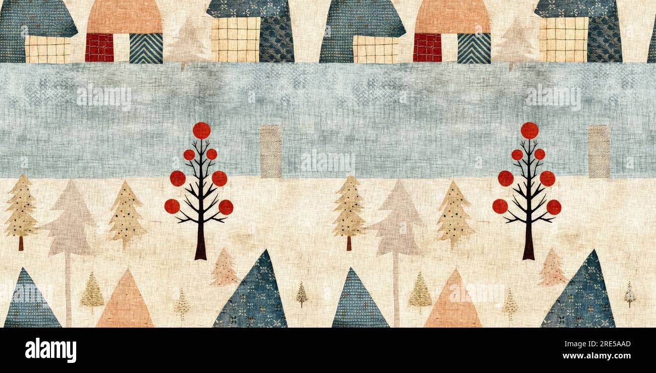 Chalet de noël rustique avec effet de tissu de couture à la main primitive. bordure. Garniture de ruban homespun chic et nostalgique douillet avec americana Banque D'Images