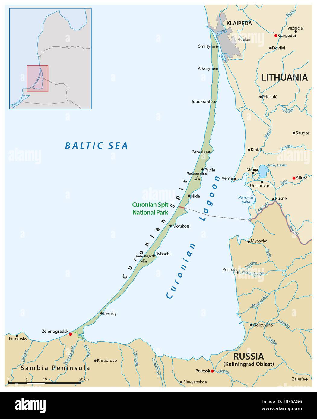 Carte de l'isthme et de la lagune de Courlande, Lituanie, Russie Banque D'Images