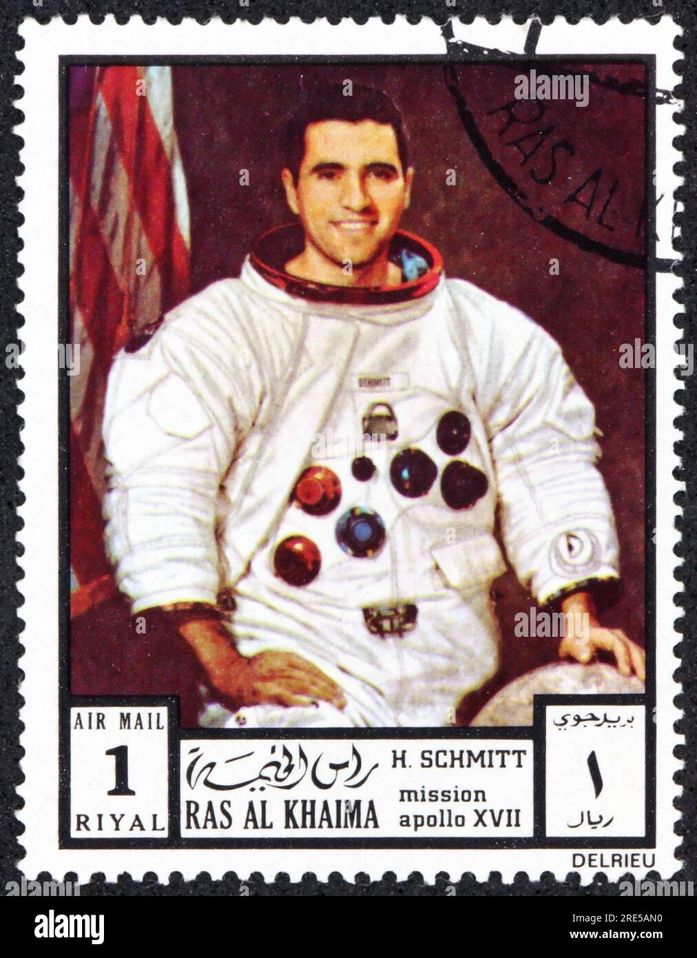 Ras AL-KHAIMAH - VERS 1972 : un timbre imprimé à Ras al-Khaimah montre Harrison H. Schmitt, Apollo XVII (7 au 19 décembre 1972), était la dernière Miss avec équipage Banque D'Images