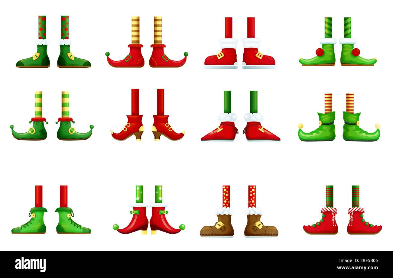 Pieds et chaussures de leprechaun et ensemble vecteur elfe de Noël. Santa Claus de dessin animé, gnome de Noël, fée et jambes naines avec bottes rouges et vertes, chaussettes colorées et bas rayés, conception de personnages de fées Illustration de Vecteur