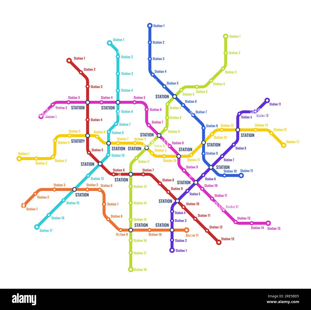Métro, métro, carte vectorielle du système de transport souterrain. Plan de ligne de transport ferroviaire avec des stations, réseau coloré de routes de train et tunnels de tube, métro Illustration de Vecteur