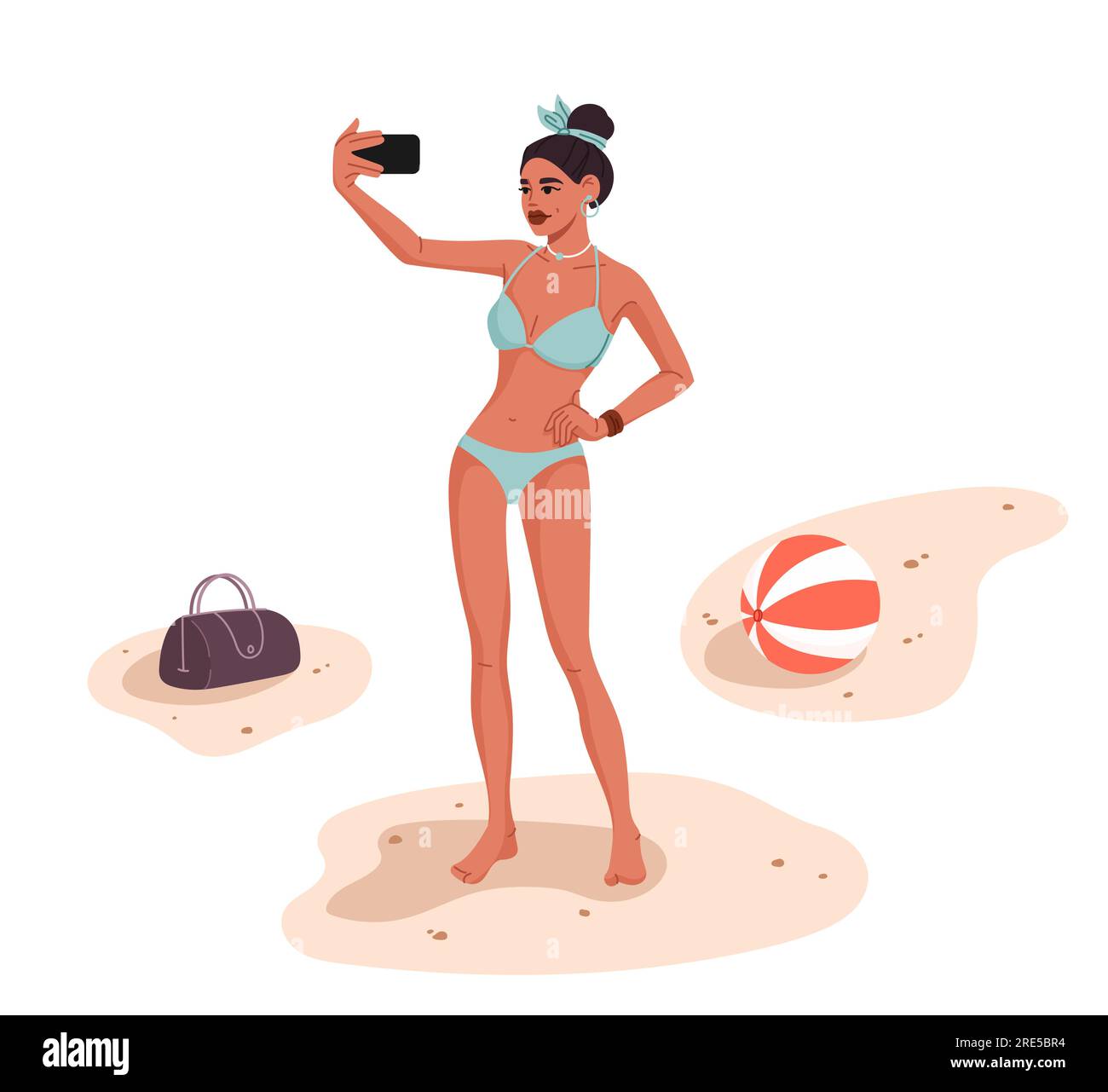 Femme prenant un selfie sur la plage. Jolie jeune femme en bikini, debout sur le sable de la mer et la prise de vue de smartphone autoportrait sur la plage, poster des photos de selfie de voyage de vacances sur les médias sociaux, blog Illustration de Vecteur