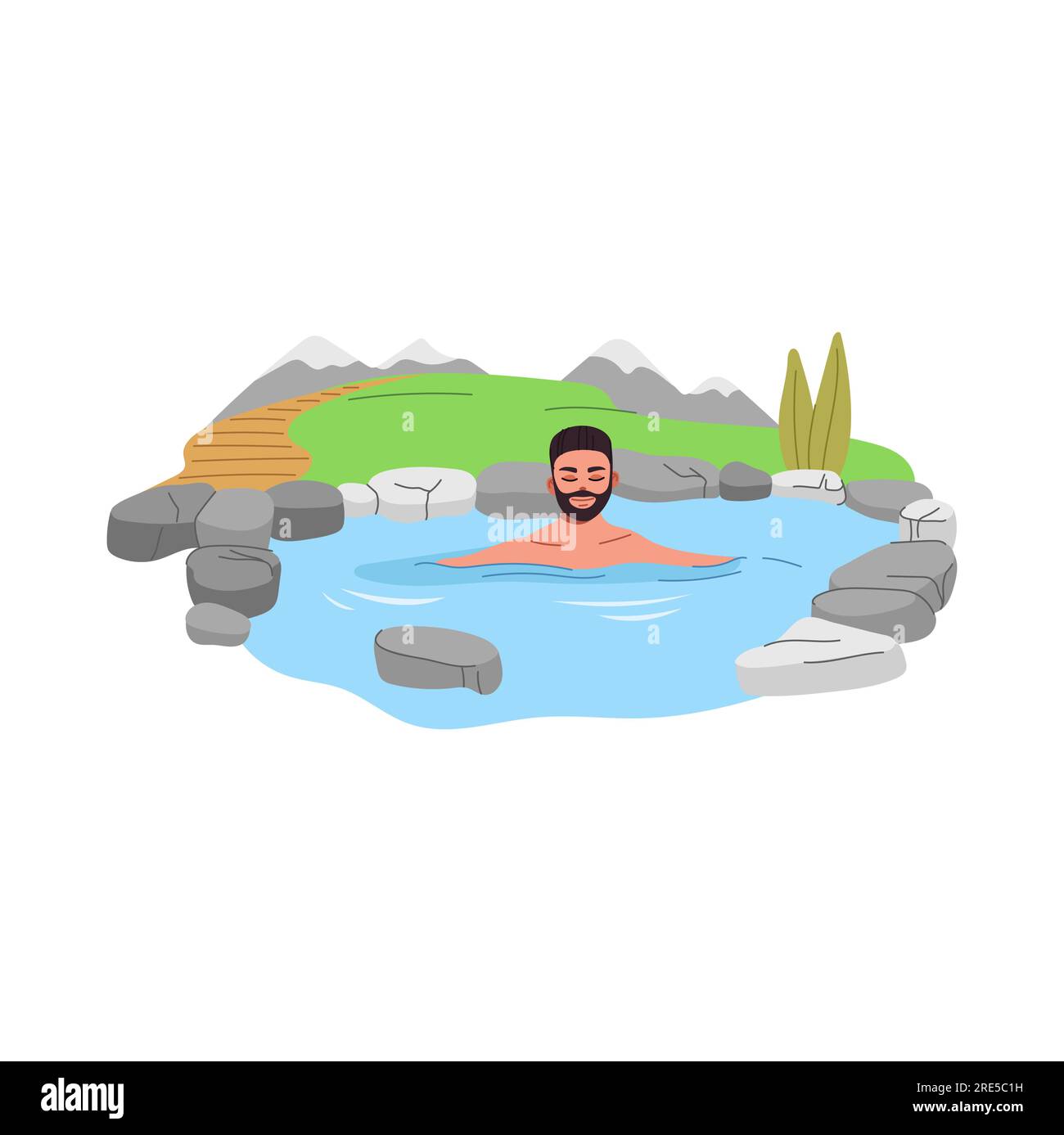 Japan onsen. Jeune homme se relaxant dans le bain de source chaude ou la piscine thermale avec des roches vectorielles, de l'eau chaude, chemin de bois et paysage de montagnes enneigées. Hôtel spa japonais ou ryokan, visites des centres de loisirs asiatiques Illustration de Vecteur