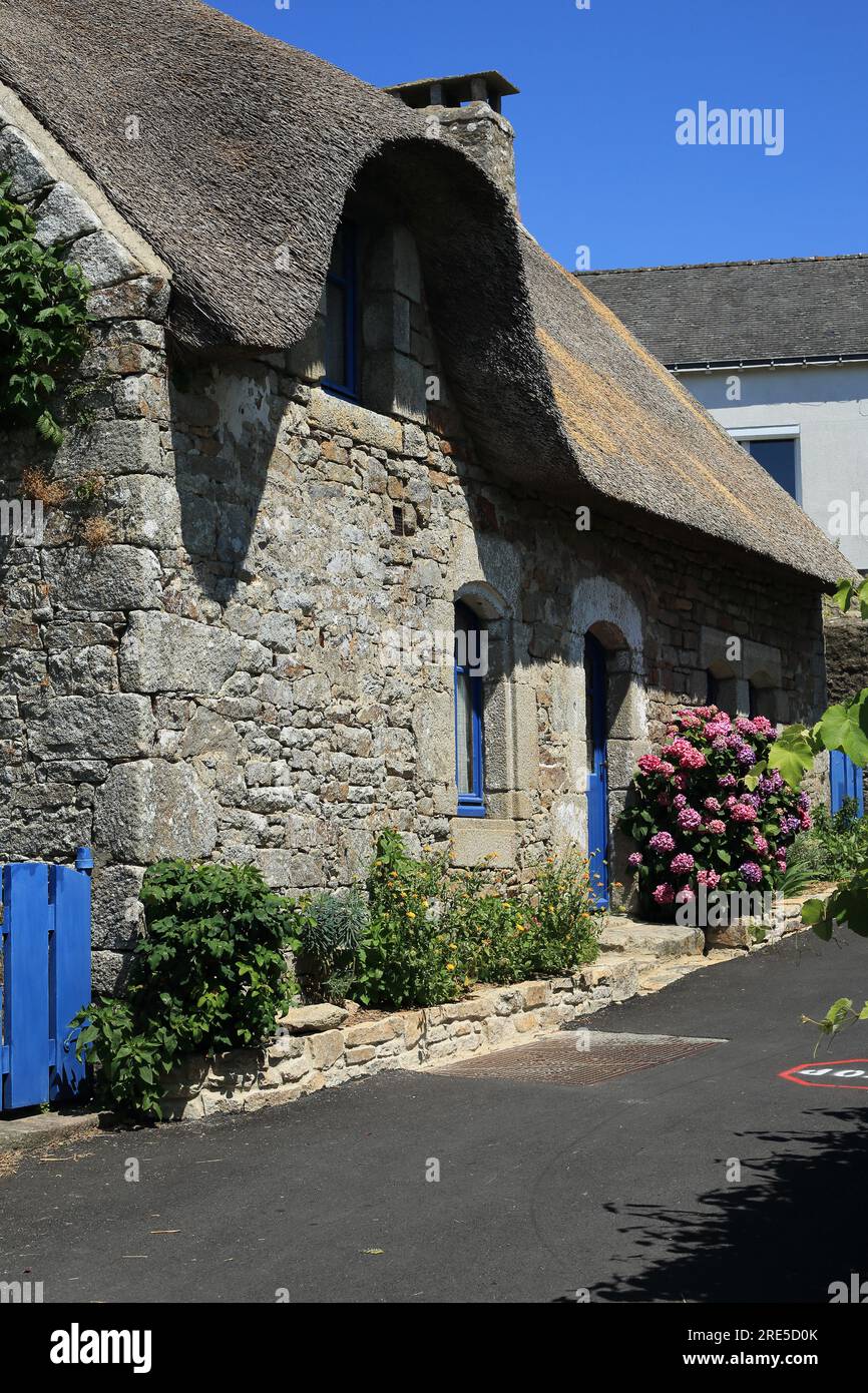 Maison en pierre avec toit de chaume à rue du Couvent, le Bourg, Ile aux Moines, Golfe du Morbihan, Morbihan, Bretagne, France Banque D'Images