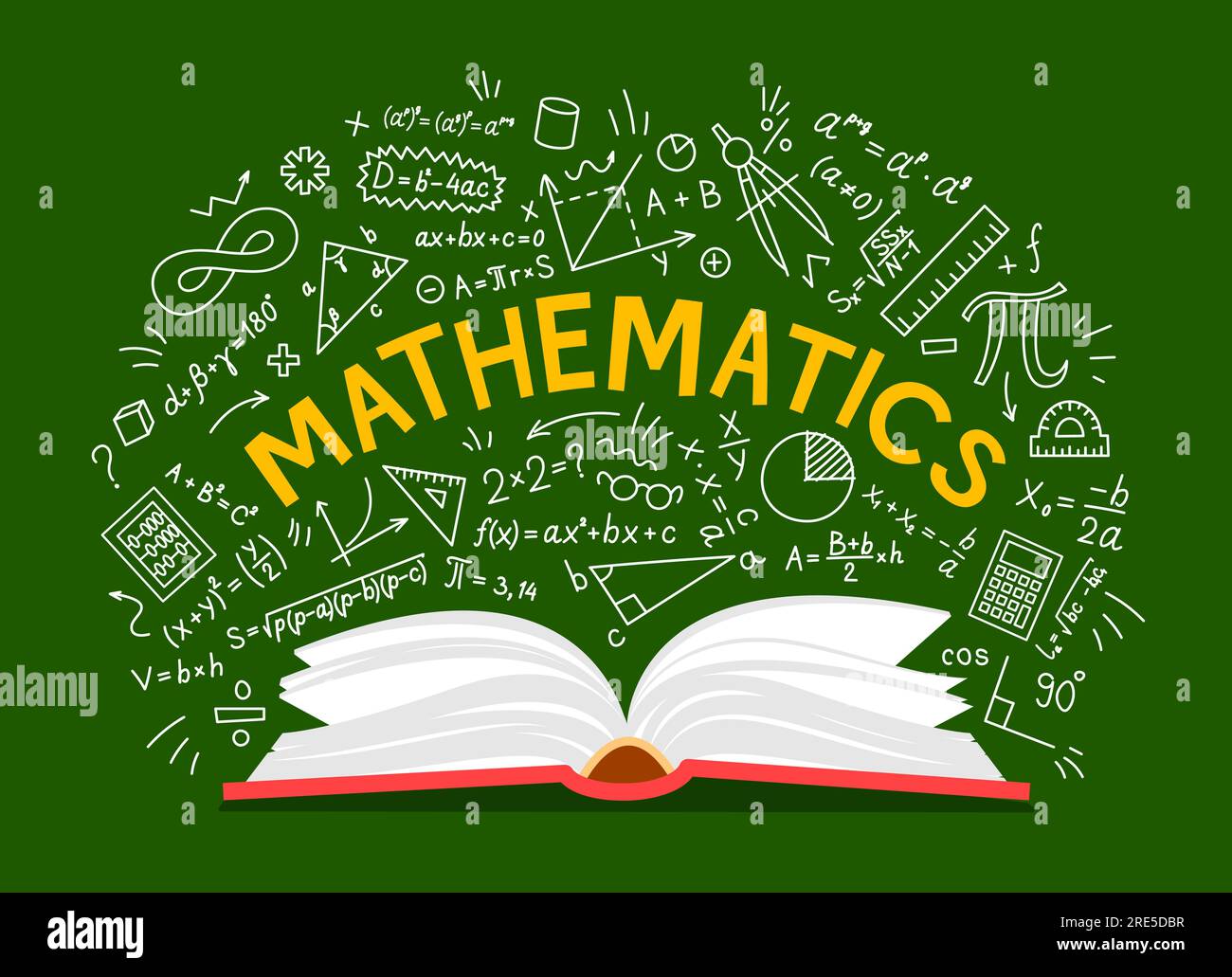 Manuel de mathématiques et formules de fond. Livre de mathématiques ouvert de vecteur sur fond de tableau vert avec des équations, des signes scientifiques et des symboles. Enseignement scolaire, collégial ou universitaire, apprendre les sciences Illustration de Vecteur