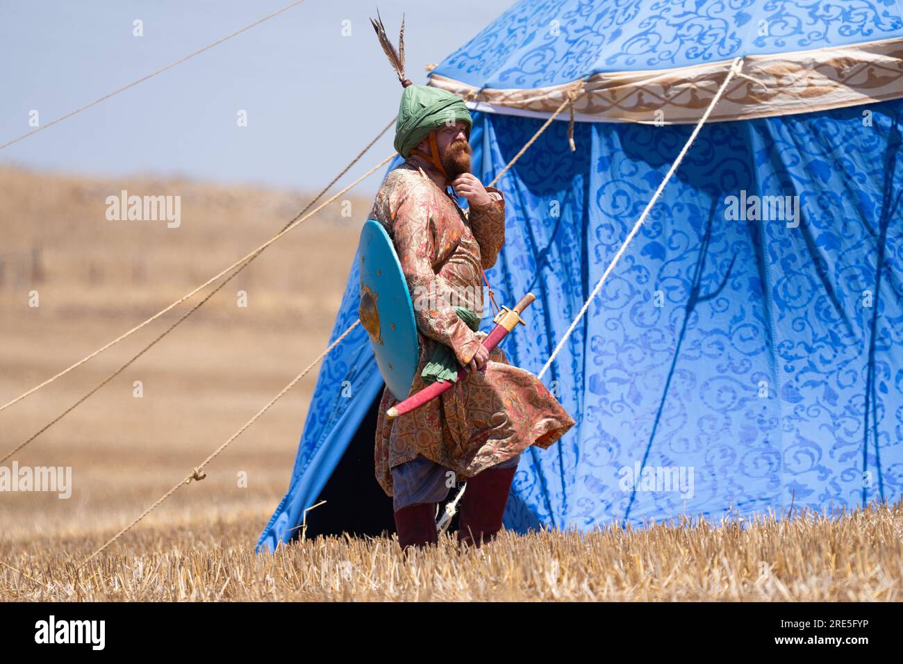 Reconstitution de la bataille des cornes de Hattin.Clad dans des vêtements de style 12e siècle, les membres des clubs de chevaliers ont reconstitué la bataille, également connue sous le nom de Hor Banque D'Images
