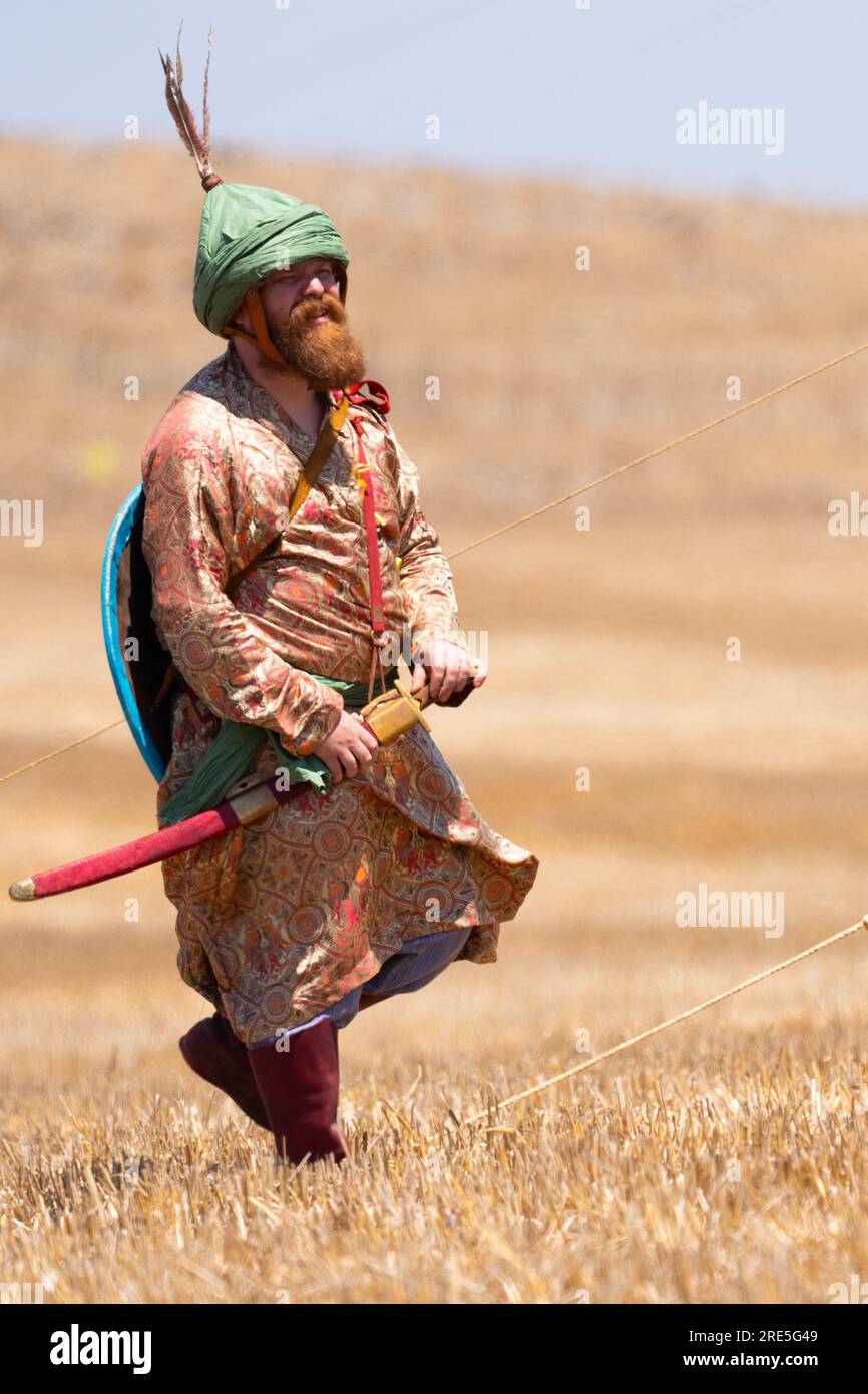 Reconstitution de la bataille des cornes de Hattin.Clad dans des vêtements de style 12e siècle, les membres des clubs de chevaliers ont reconstitué la bataille, également connue sous le nom de Hor Banque D'Images