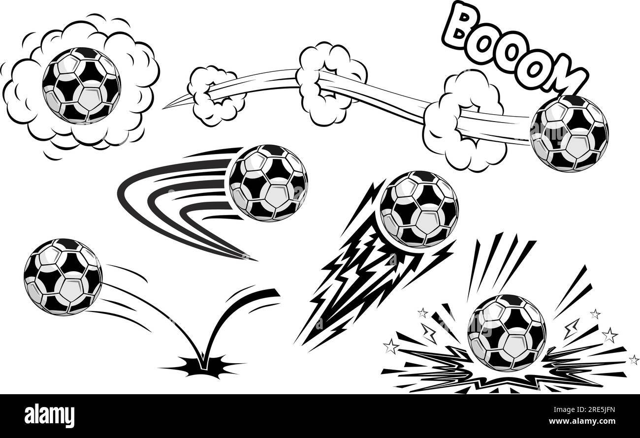 Les ballons de football de Socacers volent à grande vitesse. Vecteur de style comique sur fond transparent Illustration de Vecteur
