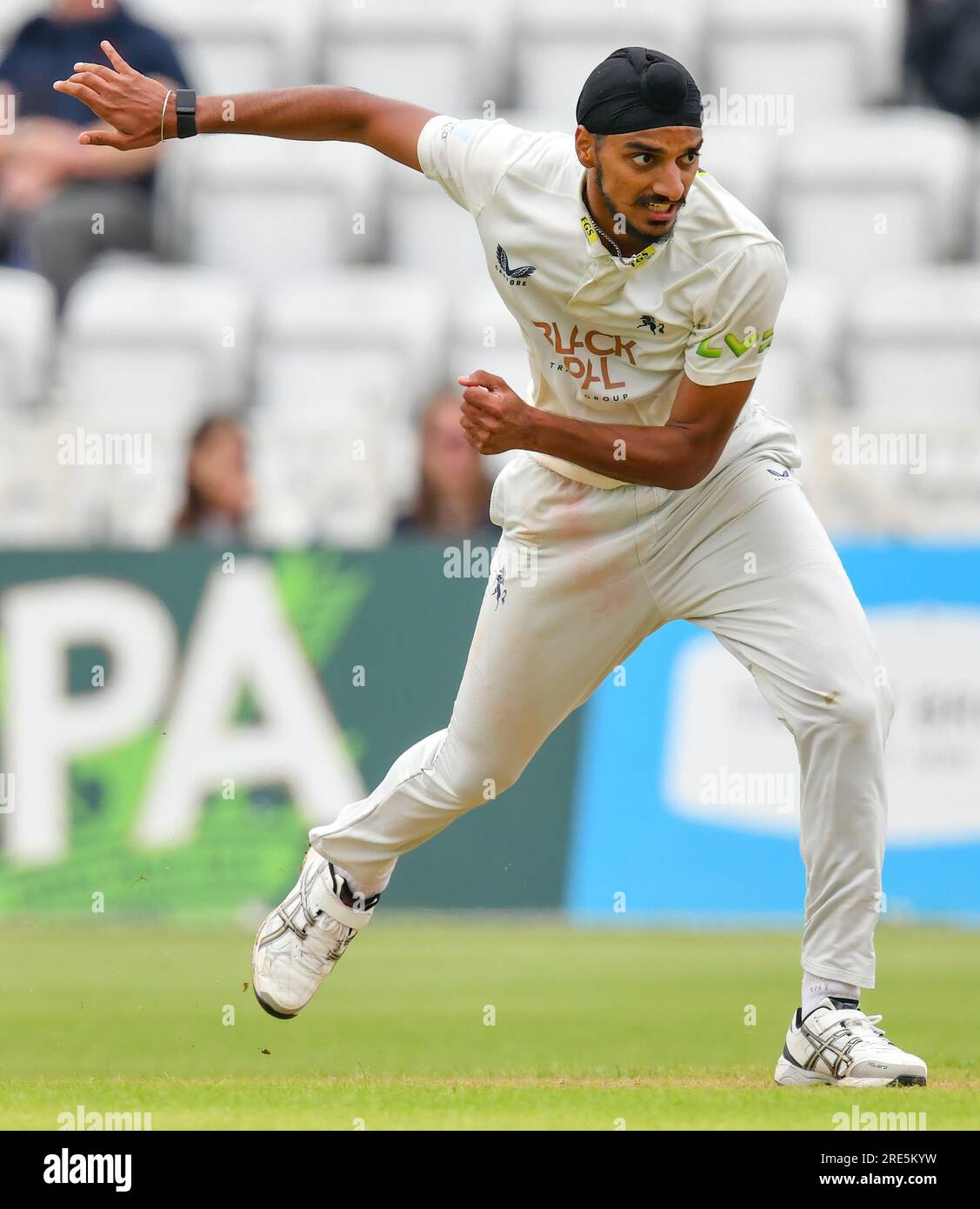 25 juillet 2023 - Trent Bridge Cricket Ground, Nottingham. Événement : LV Inter County Championship : Notts CCC v Kent CCC Légende : SINGH Arshdeep (Kent CCC) bowling. Photo : Mark Dunn/Alamy Live News (événements) Banque D'Images